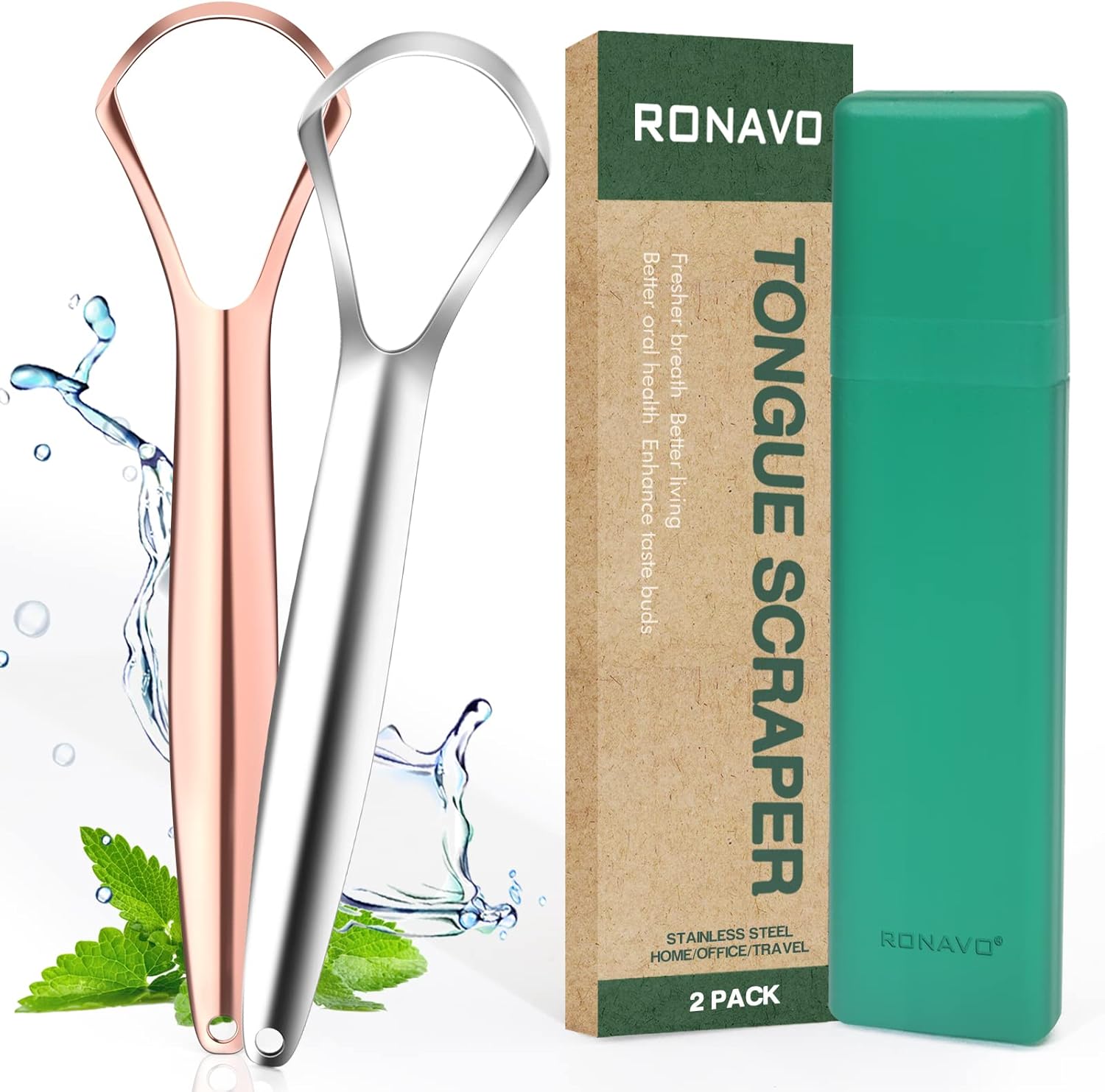 RONAVO Tongue Scraper (2 Pack), Tongue Cleaner Cure Bad Breath, Tongue Cleaners Stainless Steel, Metal Tongue Scrapers for Adults Fresher Breath in Seconds