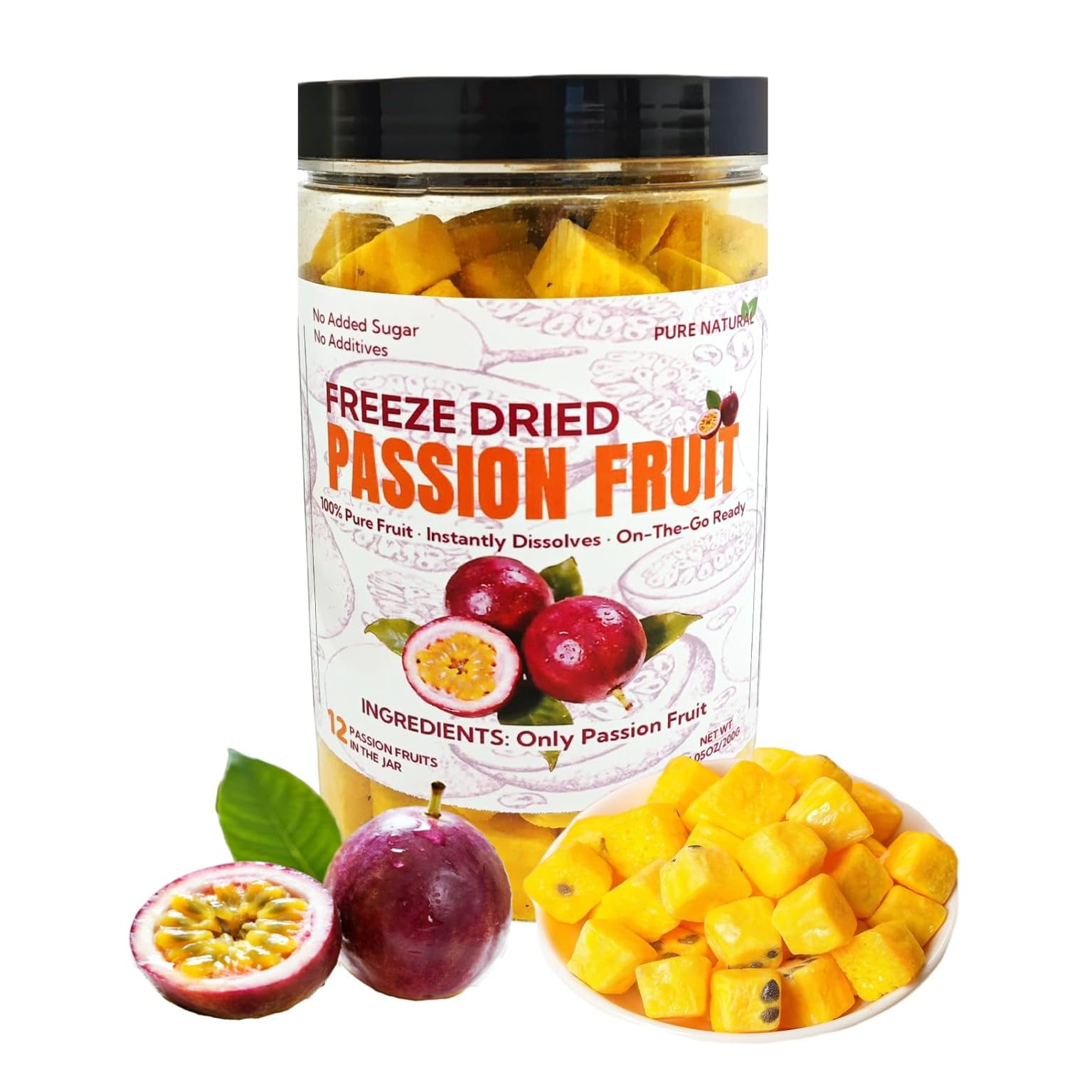 Freeze Dried Passion Fruit Chunks (7OZ/200G).Simply One Ingredient,About 150 Chunks,Frozen Passion Fruit No Sugar Added,No Additives,Passionfruit A Pantry Staple Ready-to-Eat