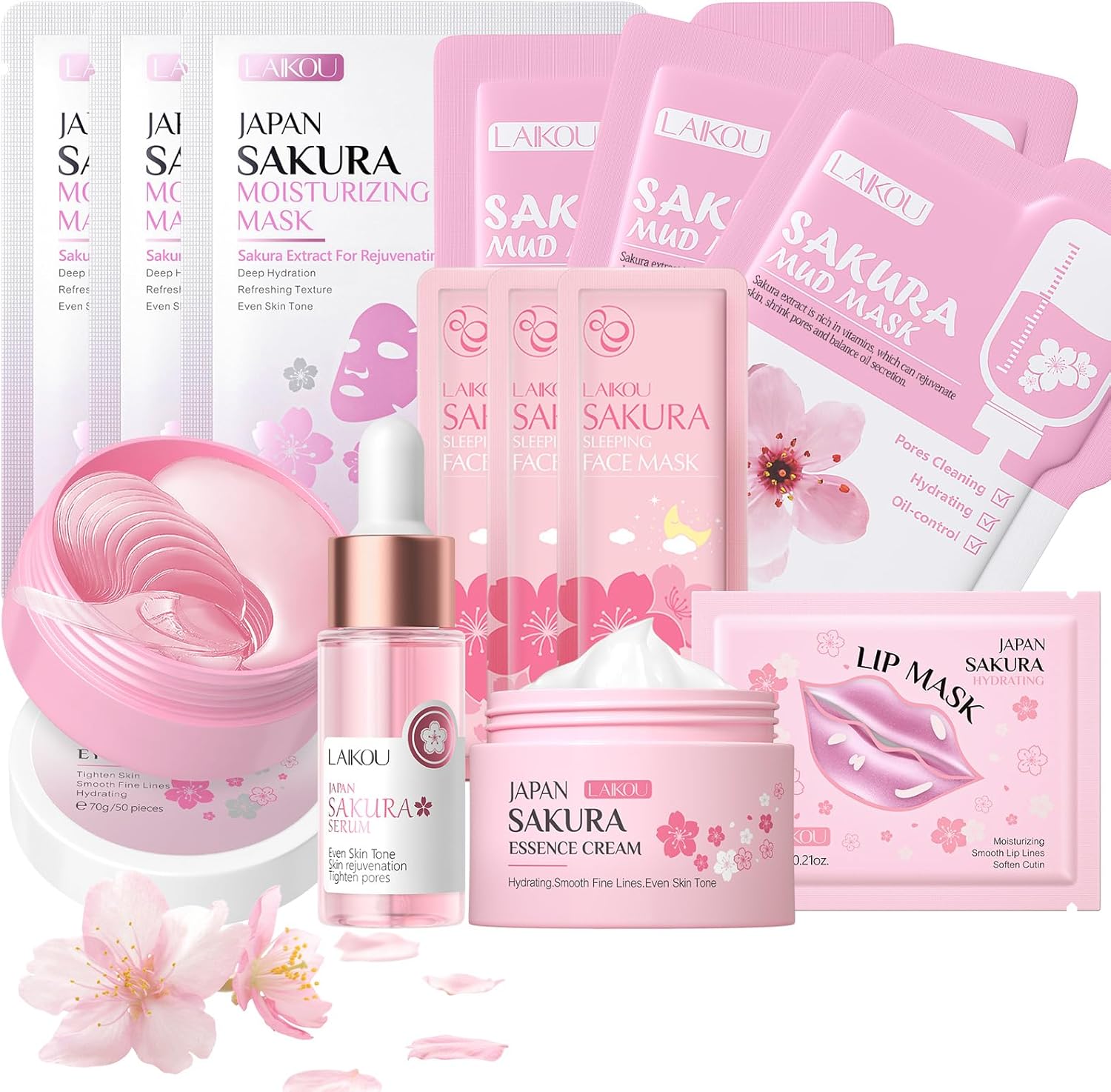 LAIKOU Skin Care for Teenage Girls, Sakura Skincare Set, Pamper Sets for Women Gifts, Facial Skin Care Sets & Kits - Face Serum,Face Cream,Sleep Mask,Eye Mask,Mud Mask,Sheet Mask,Lip Mask, 13PCS