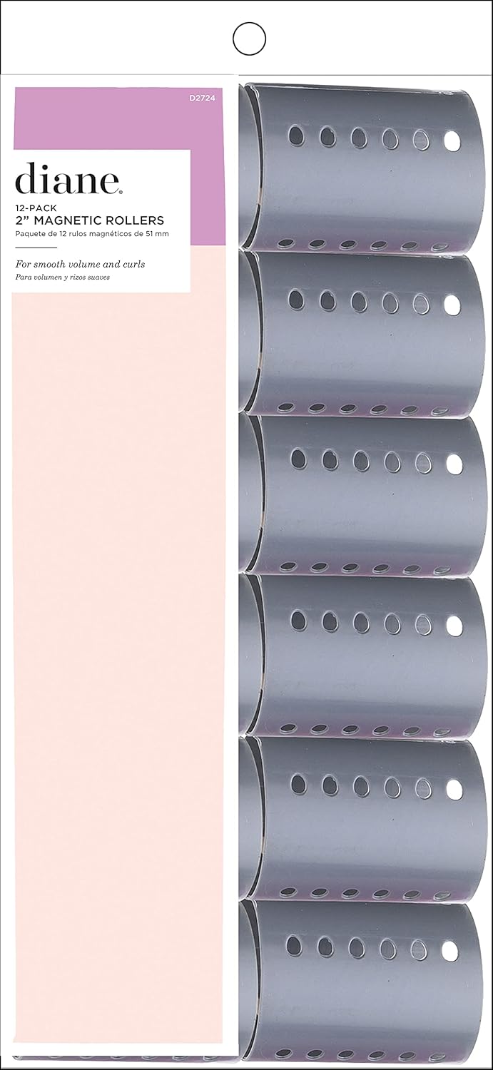 Diane 2-Inch Magnetic Hair Rollers, Secure Hold for Curls and Volume, Ideal for Styling with Pins, Picks, or Clips, Easy to Clean and Maintain, Grey, 12 Count