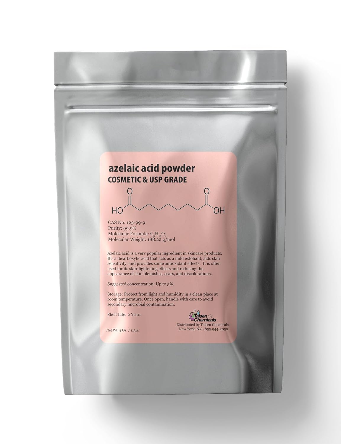 Azelaic Acid Powder (4 Oz / 113 Grams) 99.9% Azelaic Acid Fine Powder for Making DIY Azelaic Acid Cream, Gel and Azelaic Acid Serum by Talsen Chemicals