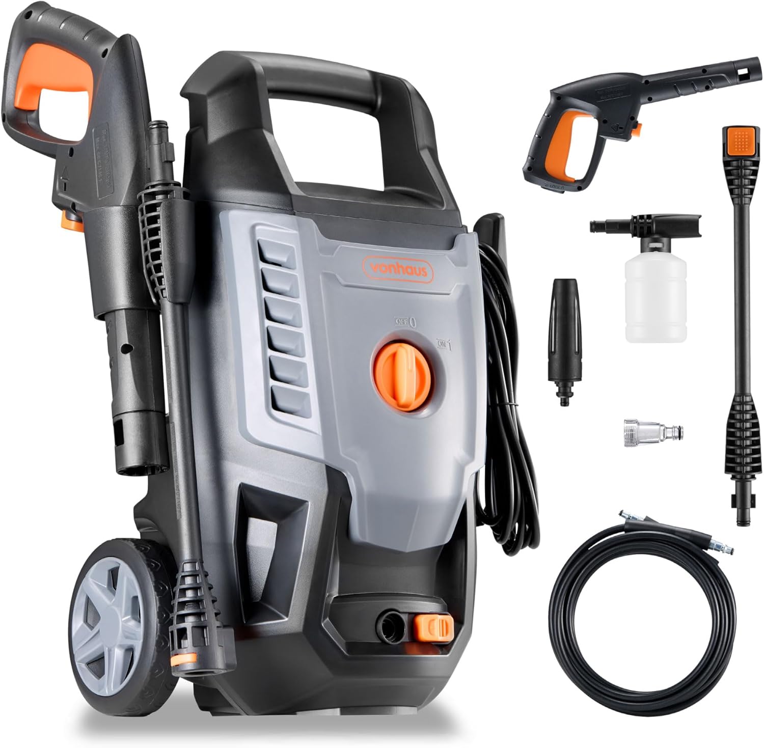 VonHaus Pressure Washer 1600W – Portable Power Washer for Patio, Car, Walls, Fences & More – Jet Wash Comes with Accessories and Attachments – 130 Bar Max Water Pressure, 6.5L Max Water Flow Per Min