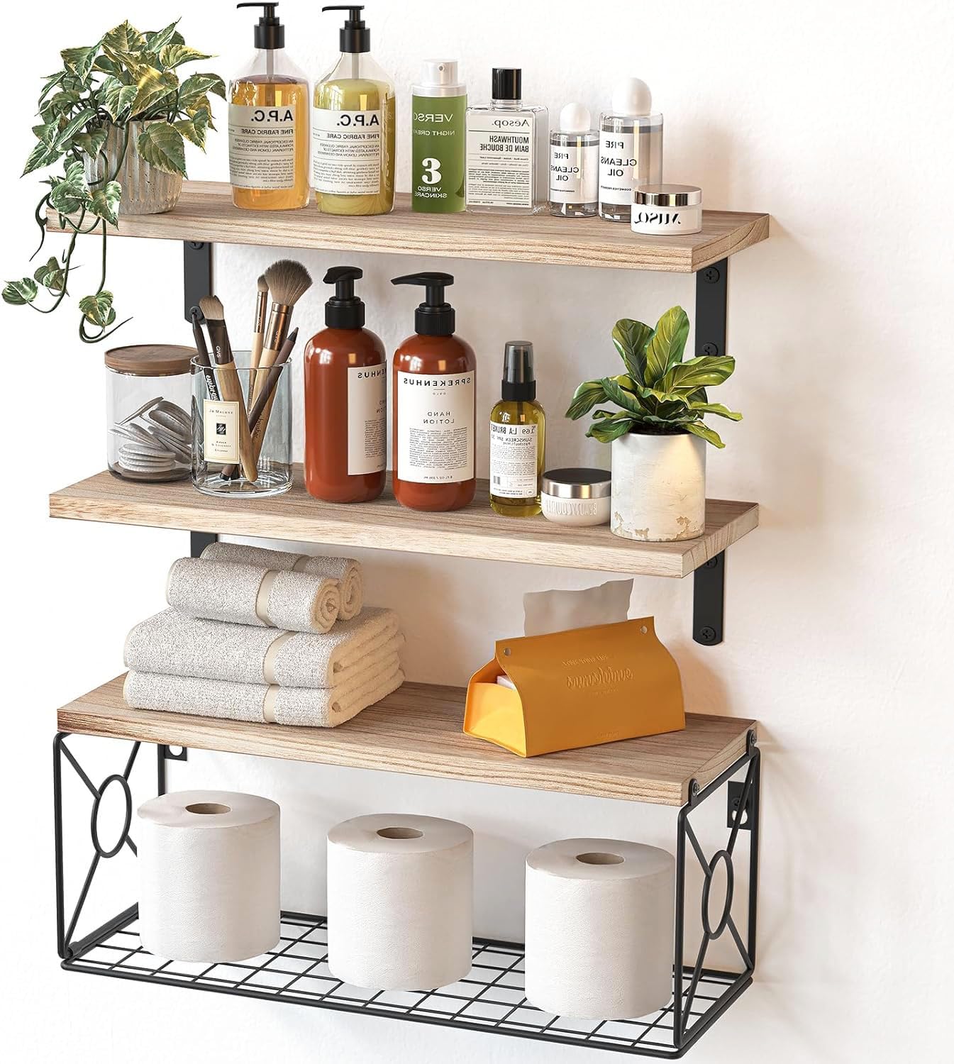 Pipishell Floating Shelves with Wire Strorage Basket, Paulownia Wood Bathroom Shelves for Home Organization & Wall Decor, Bathroom/Kitchen/Living Room/Office Shelves, Set of 3+1, Natural