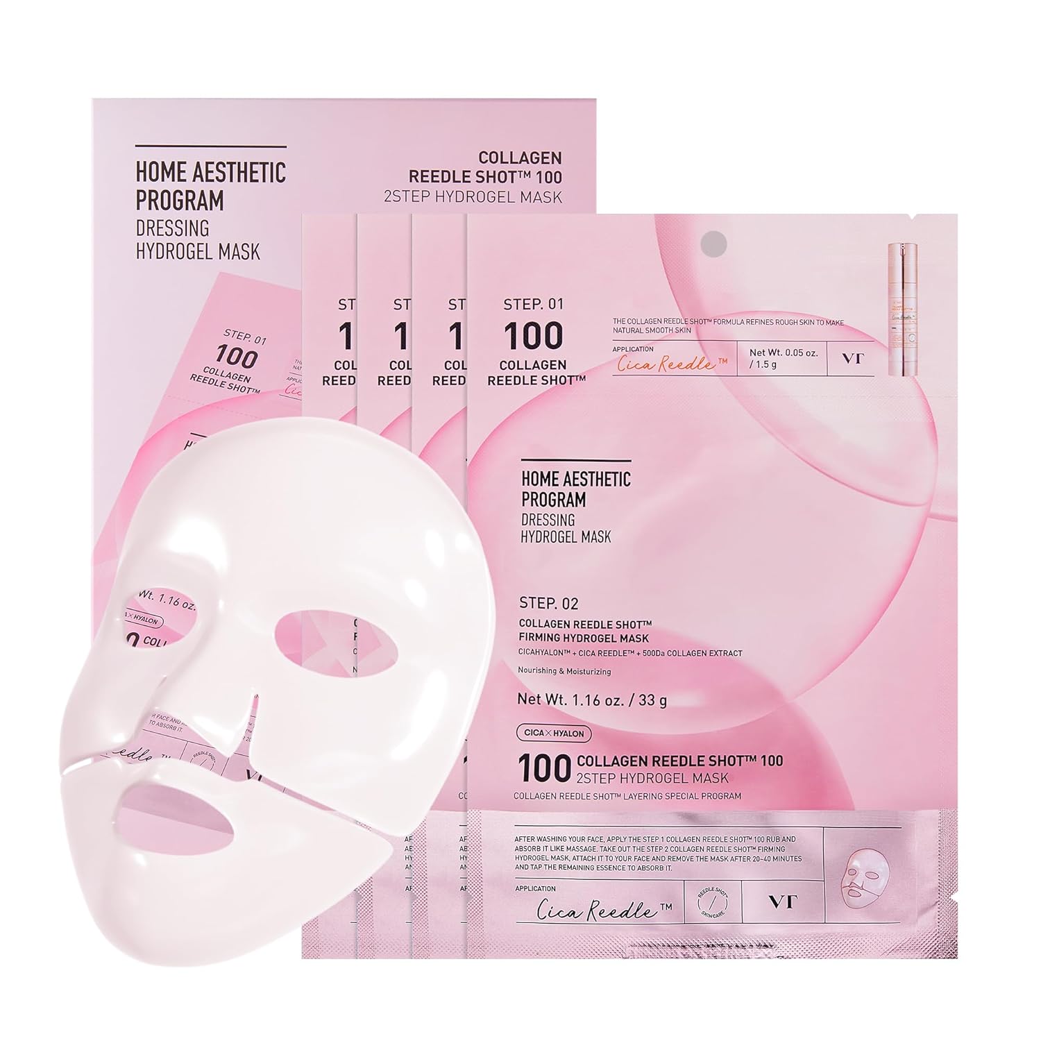 VT COSMETICS Collagen Reedle Shot 100 2-Step Hydrogel Mask(34.5gx4ea), Intensive Firming, Exosome 500Da Collagen, Fine Lines, Overnight Melting Mask, Korean Facial Mask, Pink Collagen