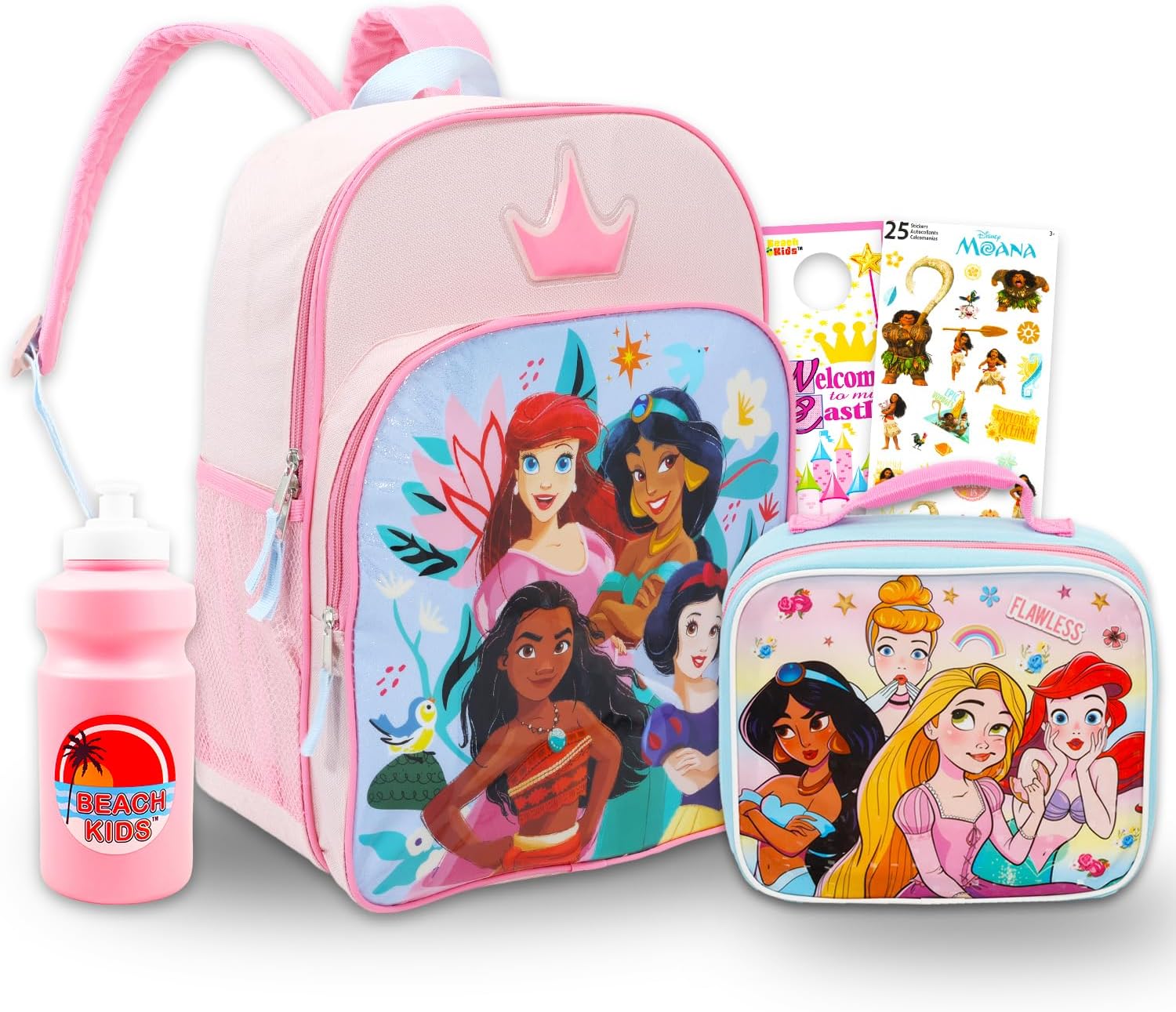 Disney Princess Backpack with Lunch Box Set - Bundle with 16" Backpack, Lunch Bag, Stickers, Water Bottle, More | Disney Princess School Bag for Girls