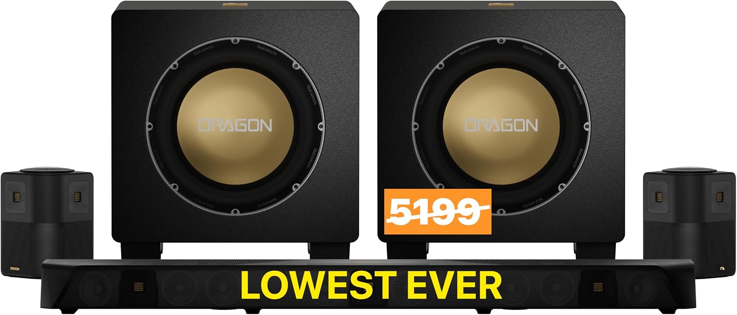 Nakamichi Dragon 11.2.6 Ch Surround System w Dolby Atmos/DTS:X Pro (Pro Cinema Engine), HiFi AMTs, Dual Reference 12" Subs, Bipolar Surr, 6 Discrete Height Ch, 3850Watts Max Output. AVR Grade Soundbar