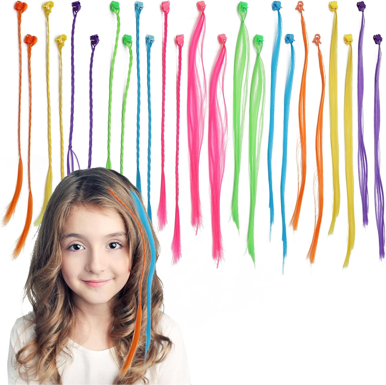 24 Pcs Kids Hair Extensions with Hair Clips,Girls' Fashion Bobby Pin Rainbow Wig,Braids Extensions Hair,Braided Hair Styling Accessories for Birthday Party Favors and Children Performance(2 styles）