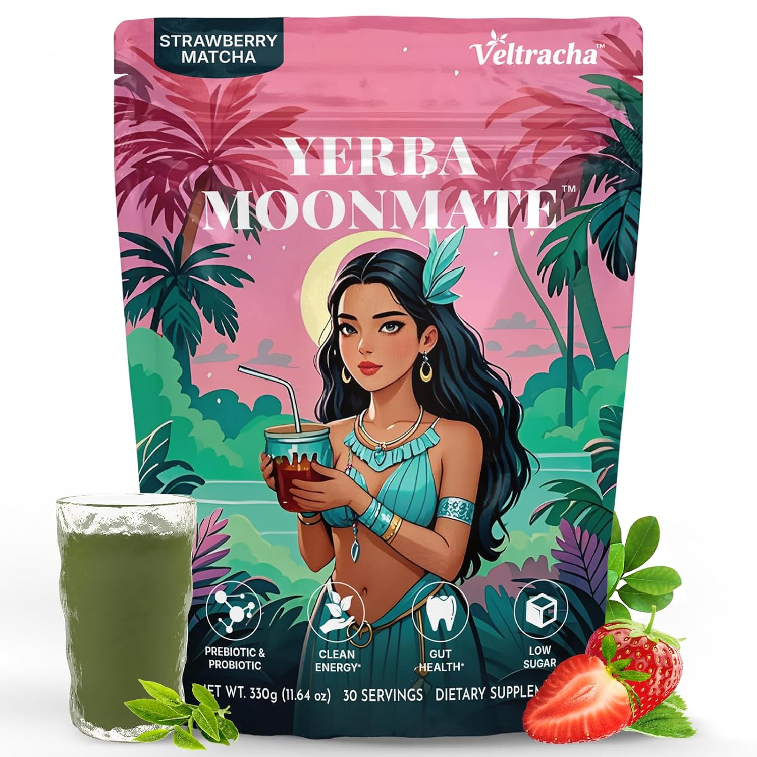 Yerba Mate Instant Tea Powder, 4-in-1 Functional Yerba Extract with Prebiotics & Probiotics, Low Sugar Clean Energy Drink for Focus, Gut Health & Reduce Brain Fog, Strawberry Matcha - 30 Servings