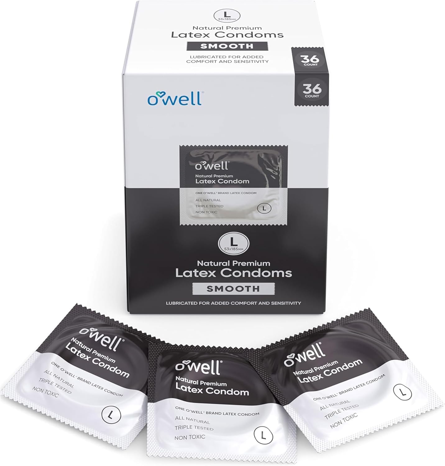 OWELL Premium Latex Condoms, 36 Count - All Natural Lubricated Condoms for Men with a Silicone Base for Comfortable Birth Control & Pleasure, Smooth Condom, Large - Pack of 36