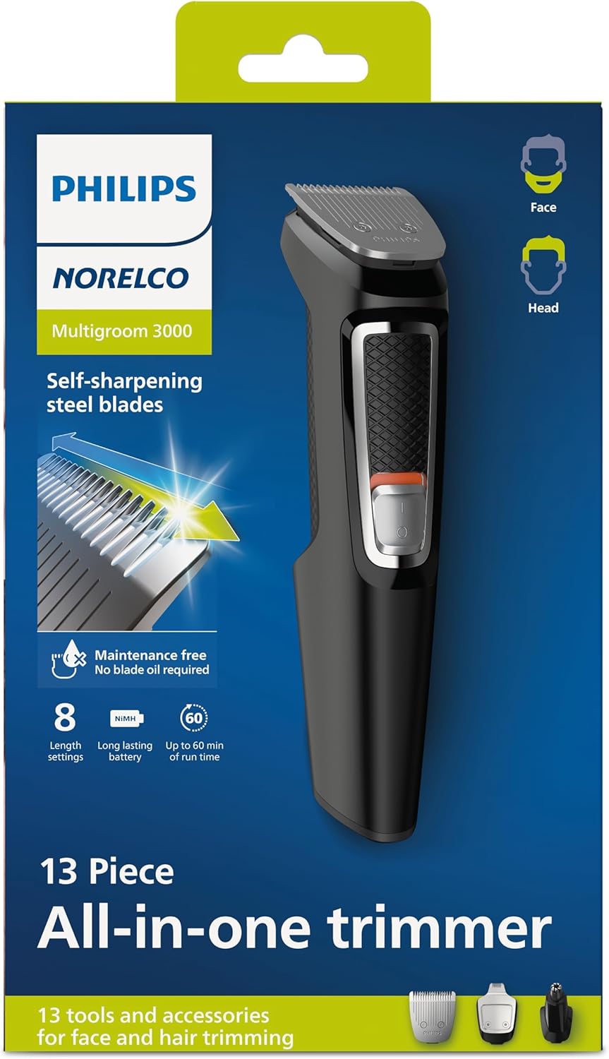 Norelco Philips Multi Groomer All-in-One Trimmer Series 3000-13 Piece Mens Grooming Kit for Beard, Face, Nose, Ear Hair Trimmer and Hair Clipper - NO Blade Oil Needed, MG3740/40