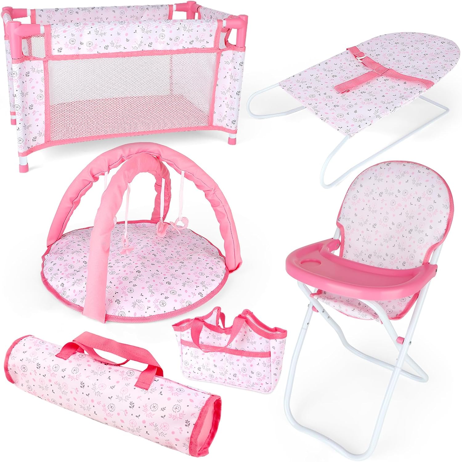 deAO 6 in 1 Baby Doll Accessories Set, Babydoll Pretend Role Playset with Dolls Cot, High Chair, Play Mat, Swing Crib, Travel Bag for 3+ Years Old Kids Girls (Doll Not Included)