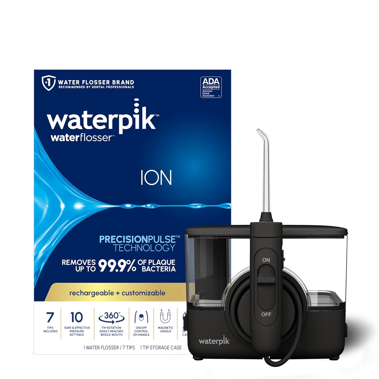 Waterpik ION Professional Water Flosser, Rechargeable and Portable for Teeth, Gums, Braces, 10 Settings, 7 Flossing Tips For Multiple Users And Needs, ADA Accepted, WF-12 Black, Packaging May Vary