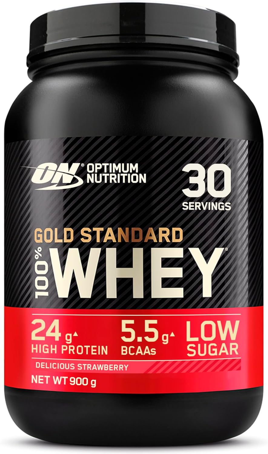 Optimum Nutrition Gold Standard 100% Whey Muscle Building and Recovery Protein Powder With Naturally Occurring Glutamine and BCAA Amino Acids, Delicious Strawberry Flavour, 30 Servings, 900 g
