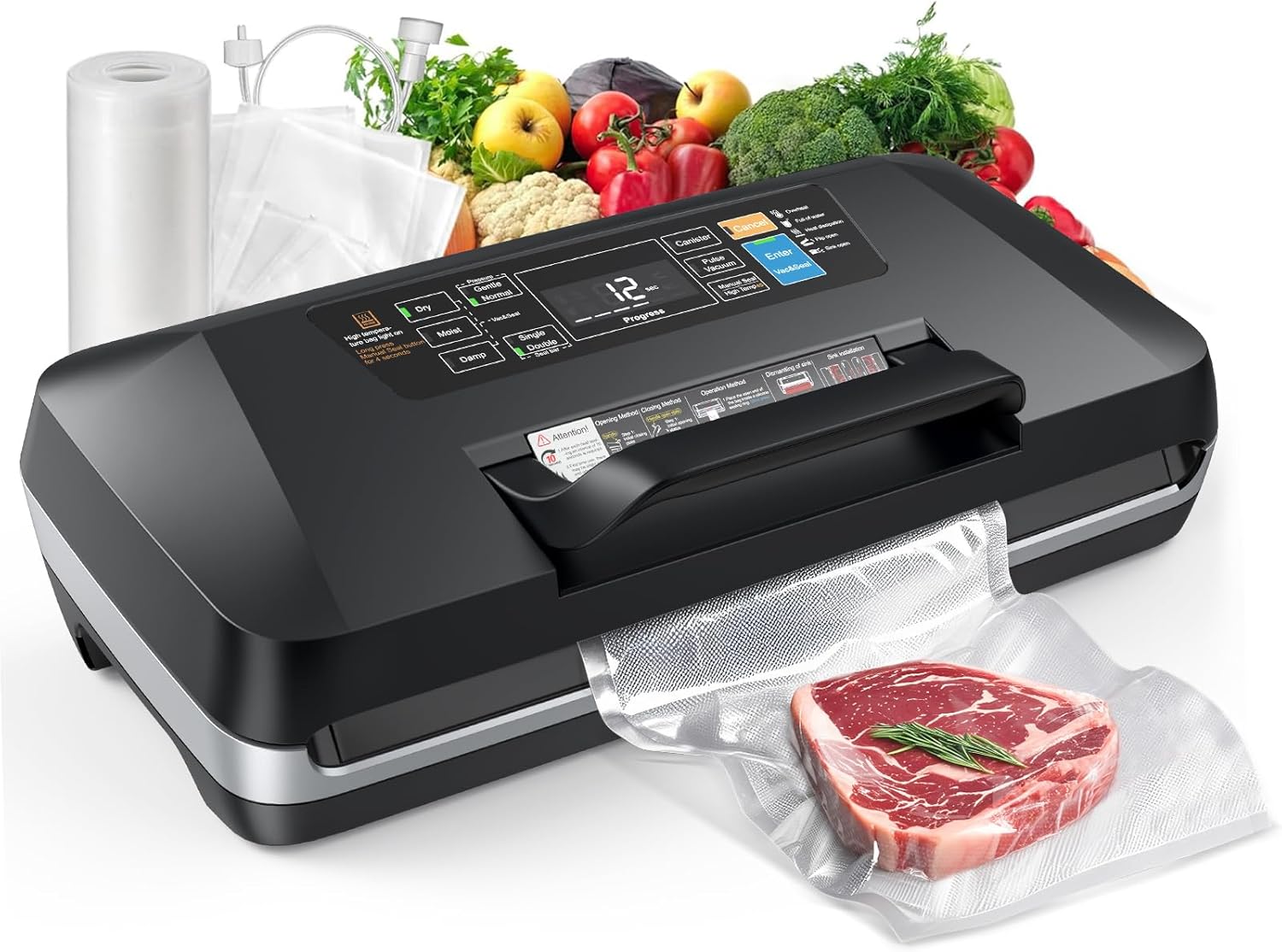 95kpa Vacuum Sealer Machine,Commercial Full Automatic Food Sealer,Powerful Sealing System with Double Heat Seal,Built-in Cutter&Bags Storage,1 Bag Rolls and 10 pcs Pre-cut Bags