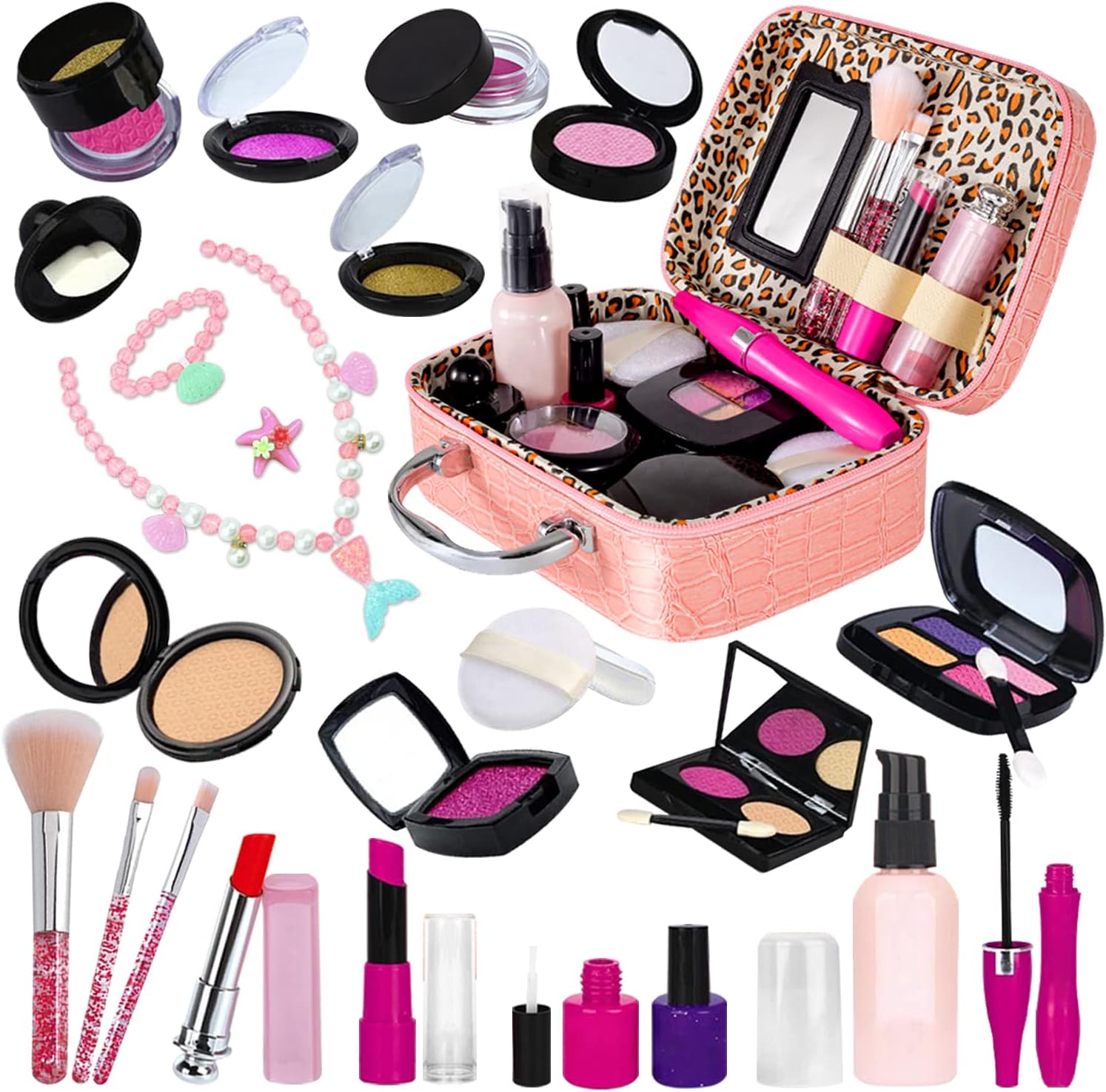 Pretend Makeup Kit for Toddlers Girls, Kids Pretend Play Makeup Set for Little Girls, Fake Toy Makeup Set with Cosmetic Case & Jewelry Set, Present Gift for Kids Girls Age 3 4 5+ ( Fake Makeup )