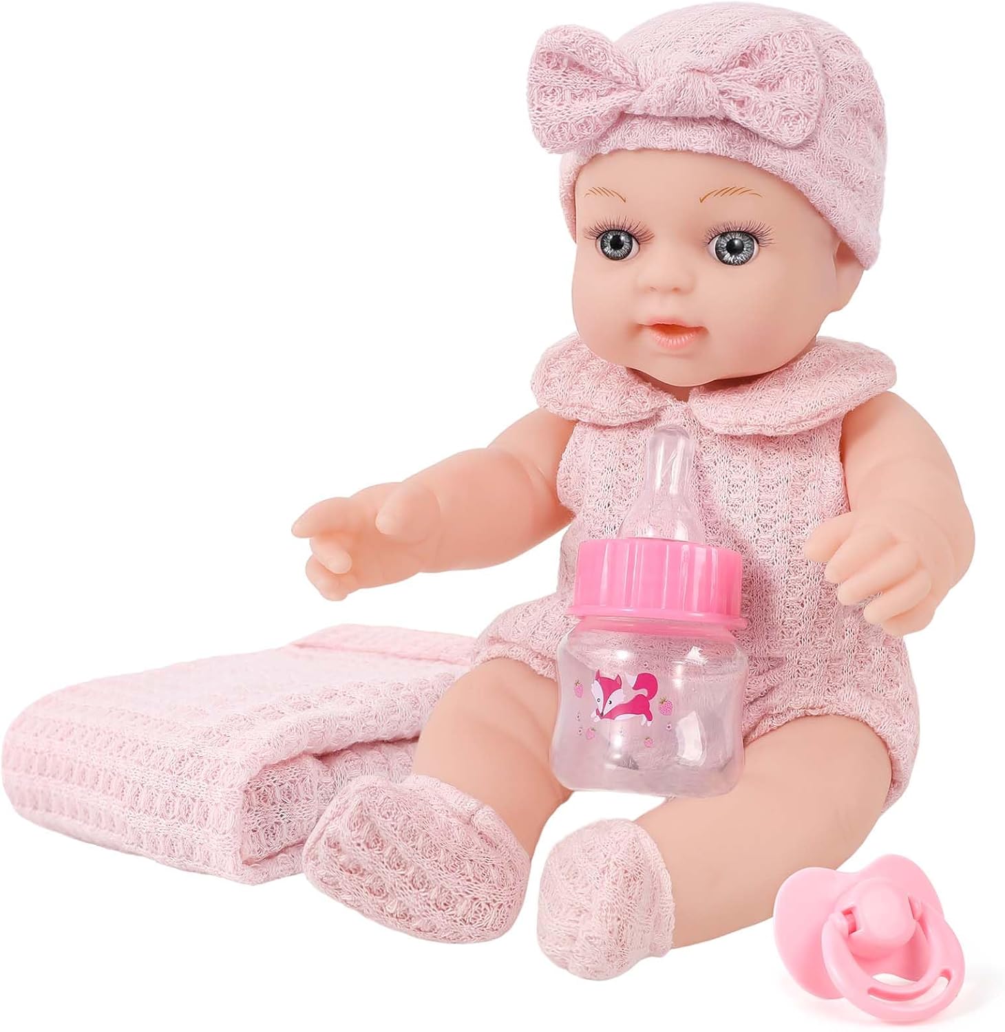 12 inch Realistic Adoption Girl Baby Doll Playset with Knit Clothes and Accessories Includes Pacifier,Blanket,Feeding Bottle and Other Stuff