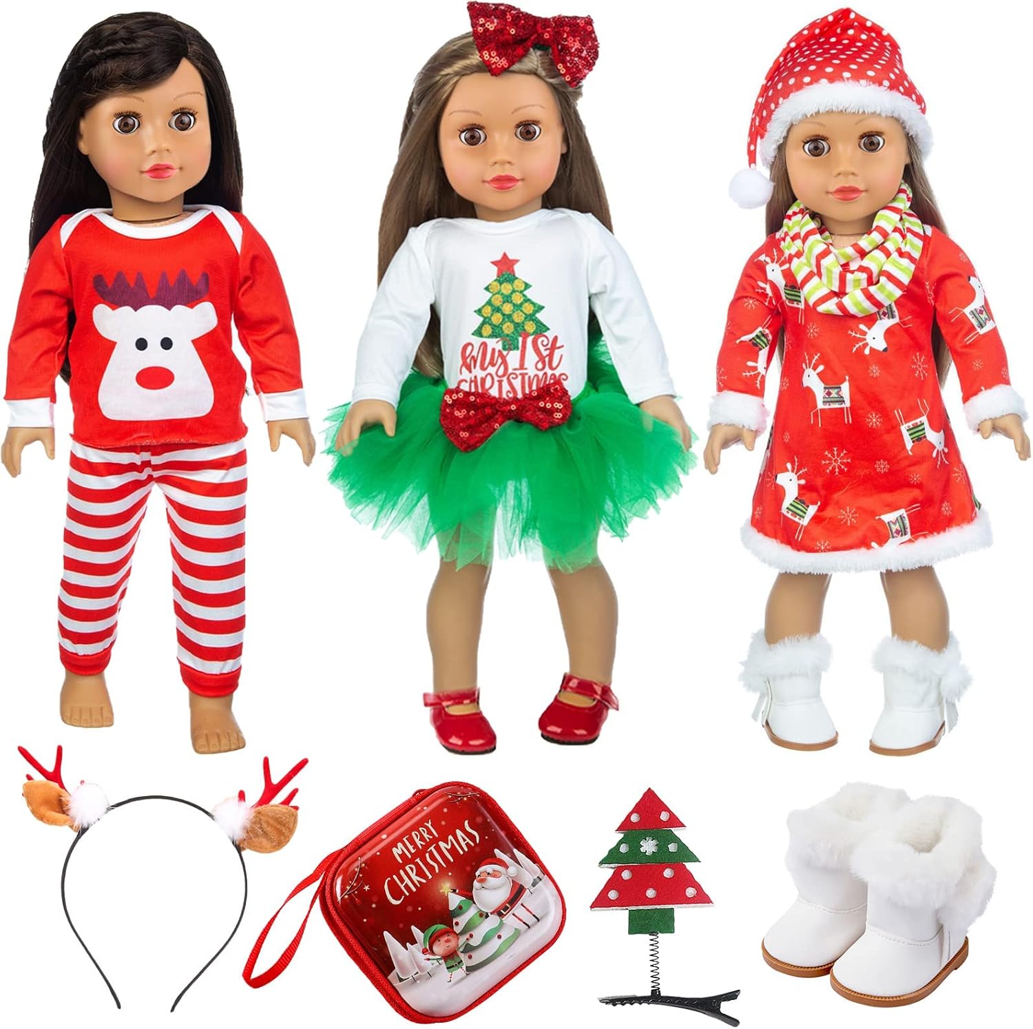 K.T.Fancy 8 PCS 18 Inch Girl Doll Christmas Clothes and Accessories Set Including 3 Set Christmas Clothes and Dress Headband Boots Head Clip Bag Best Gift for Your Child