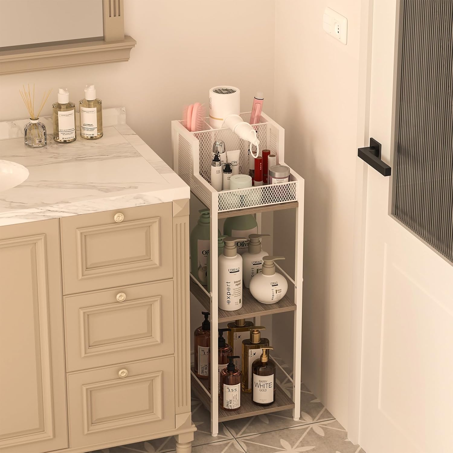 Bathroom Shelving Unit, Hair Tool Organizer Hair Dyer Holder, Removable Dividers, 3-Tier Free-Standing Floor Storage Shelves, Narrow, Ideal for Bathroom, Laundry