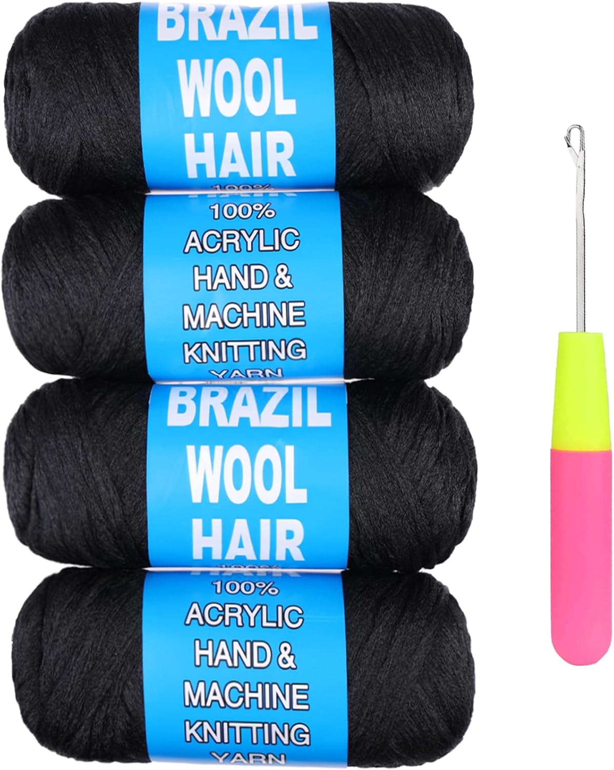 Samtress 4 Roll Natural Black Brazilian Wool Hair Acrylic Yarn for African Crochet Braids/Faux Locs/Senegalese Twist/Jumbo Braiding/Box Braids/Twist Wraps Synthetic Fiber Hair Extensions（#1B)