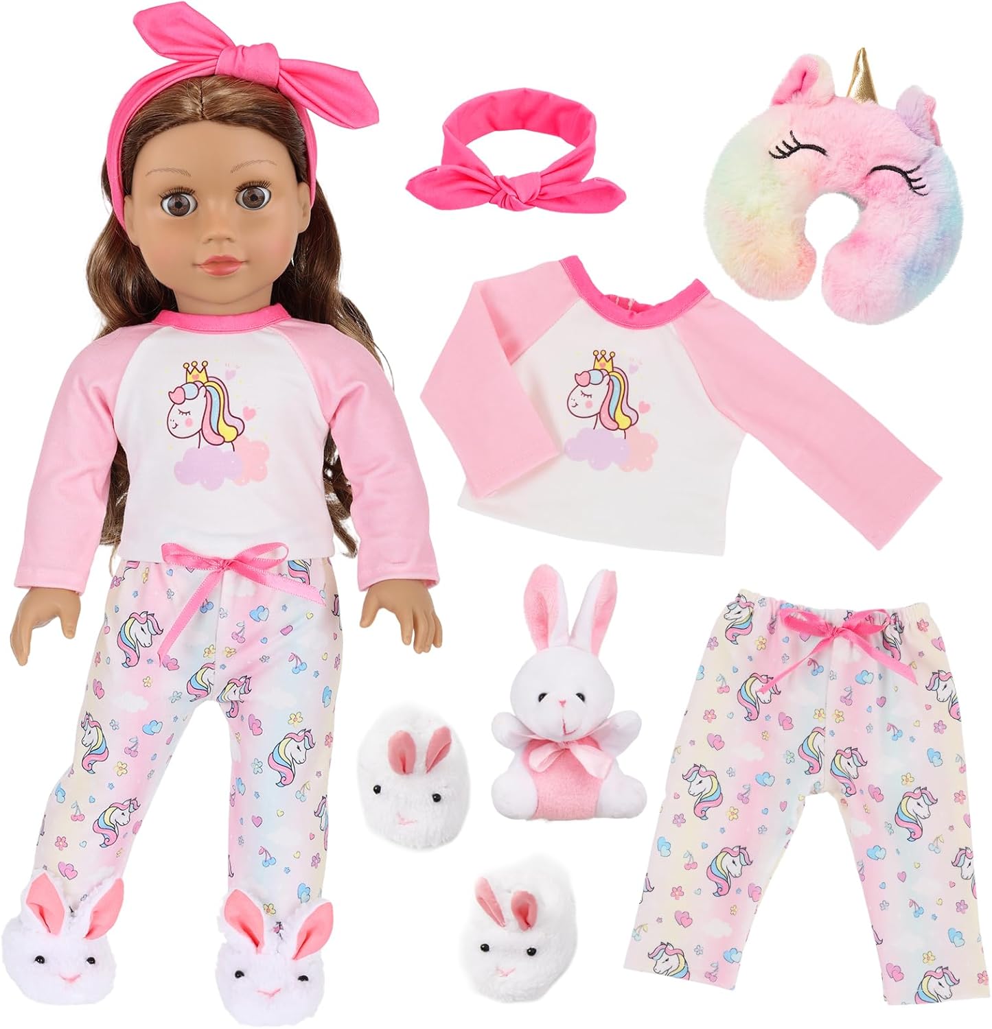 K.T. Fancy 6 Pcs 18 Inch Doll Clothes Accessories Homewear Set - Headpiece Neck Pillow Top Pants Bunny Bunny Home Shoes (NO Doll)