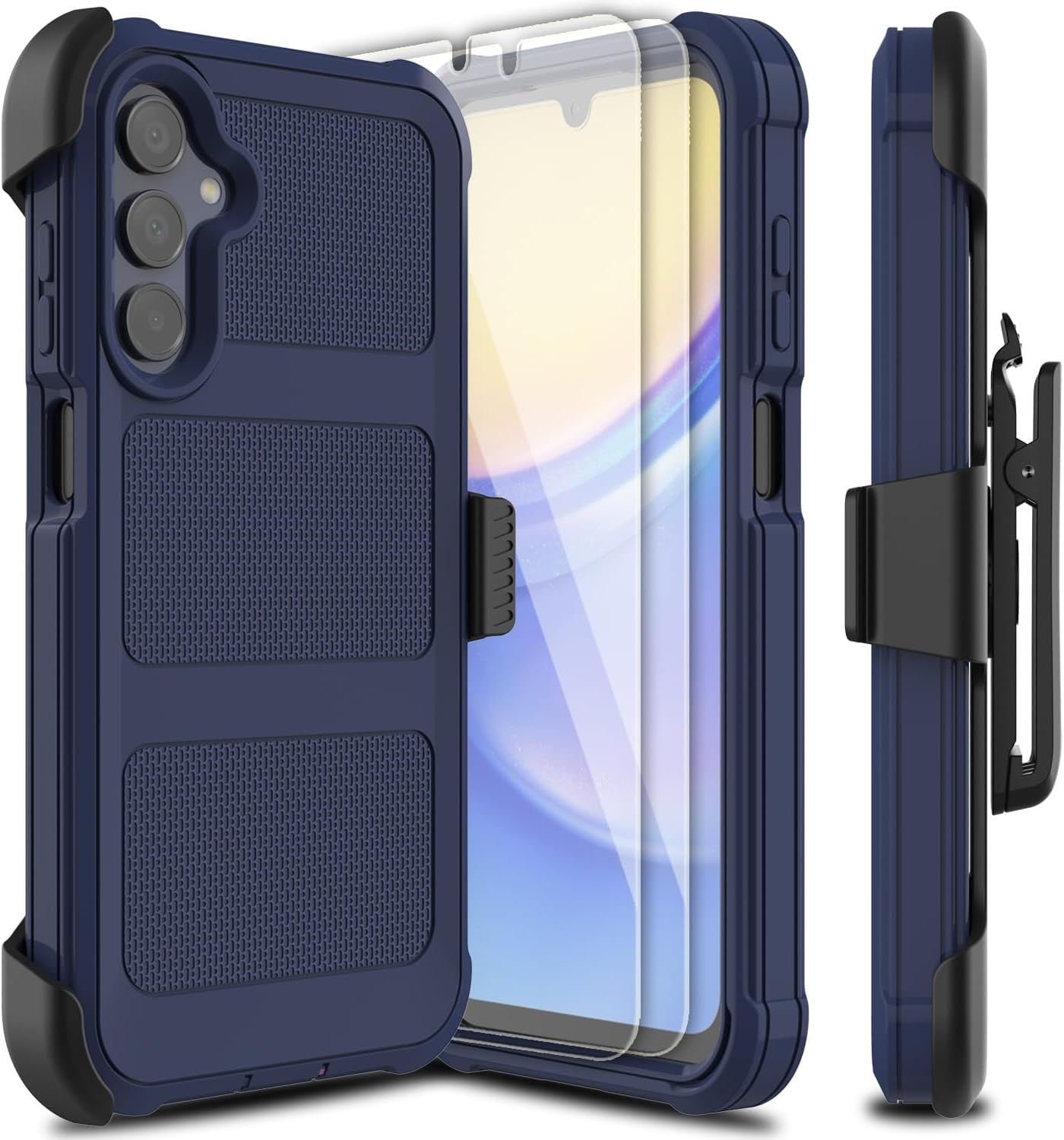 for Samsung Galaxy A15 5G Case with 2 Pack Tempered Glass Screen Protector, [Holster Series] Belt Clip Hard Tough Heavy Duty Rugged Shockproof Protective Cell Phone Cover (Dark Blue)