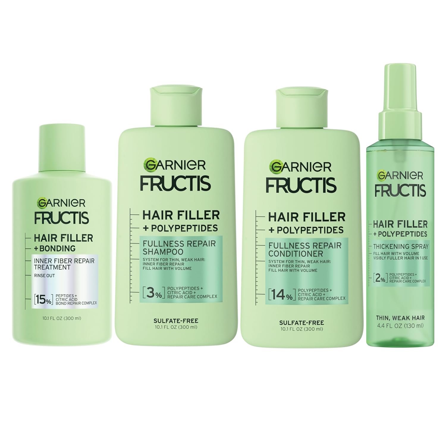 Garnier Fructis Hair Filler Bonding Pre-Shampoo + Fullness Repair Shampoo, Conditioner + Thickeing Spray Set with Polypeptides (4 Items), 1 Kit