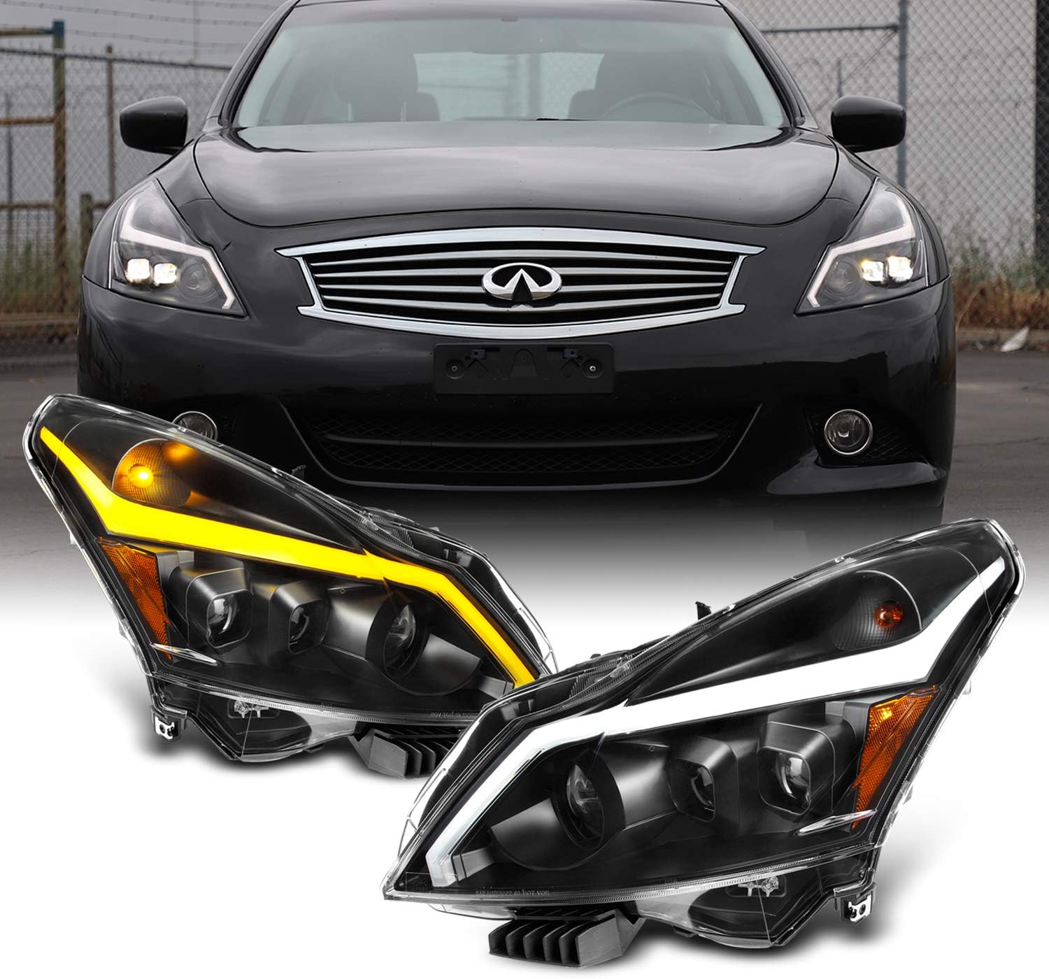 AKKON - For 2010-2013 G37/G25 2015 Q40 Sedan LED Sequential LED Signal Tube Projector Headlights