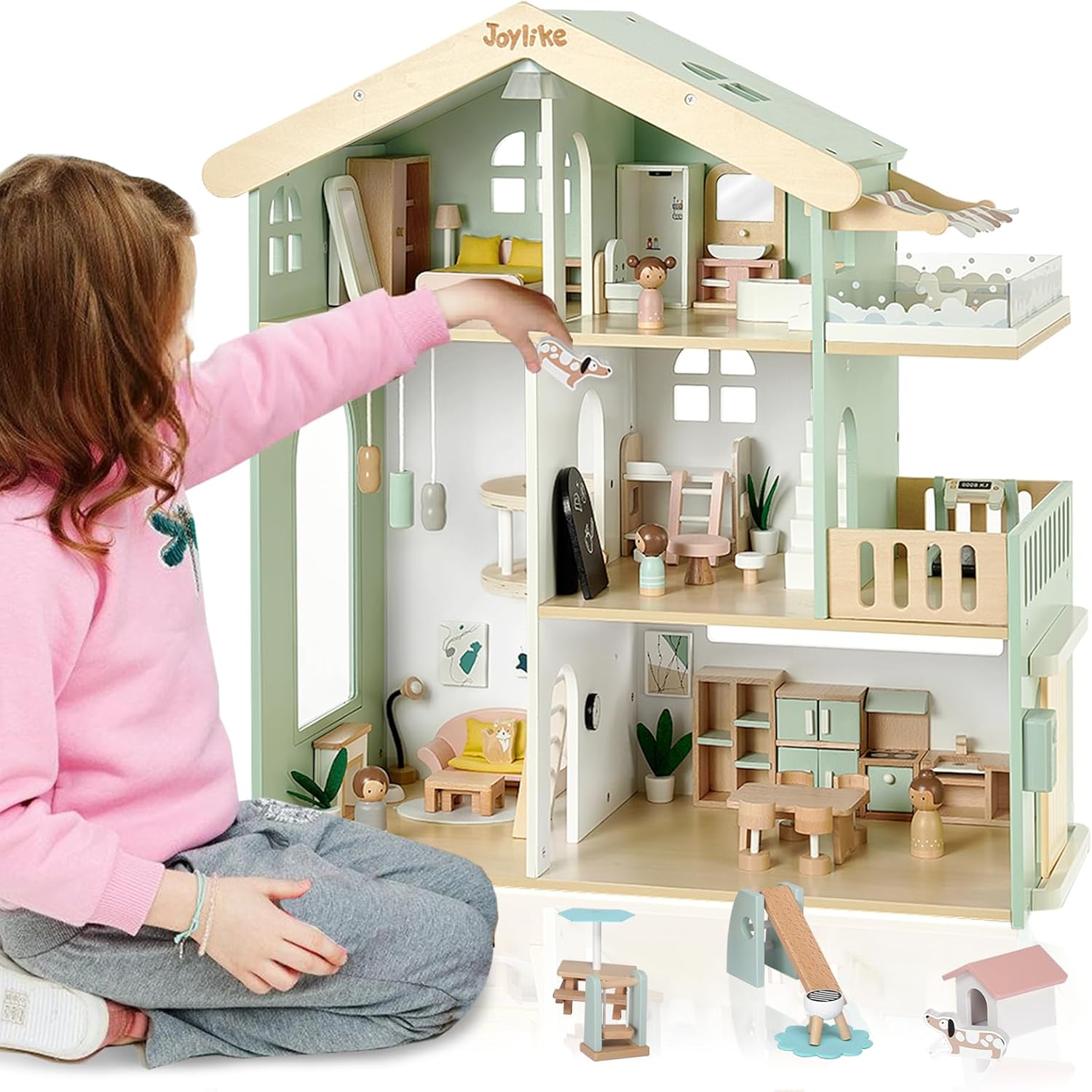 Wooden Dollhouse for Kids, Family Dollhouse with 53PCS Including Toy Figures, Furniture and Accessories, Ideal Gift for Kids Ages 3+
