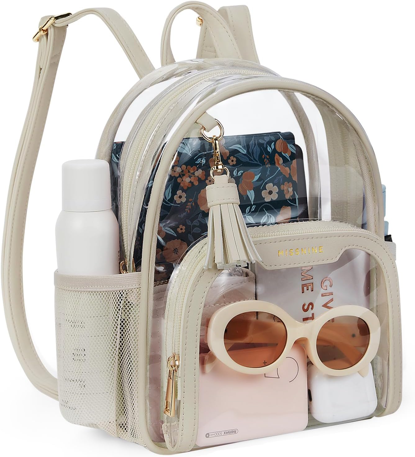 Missnine Clear Backpack Stadium Approved, Thick PVC Mini Clear Bag with Leather Trim for Sports Event, Concert, Festival