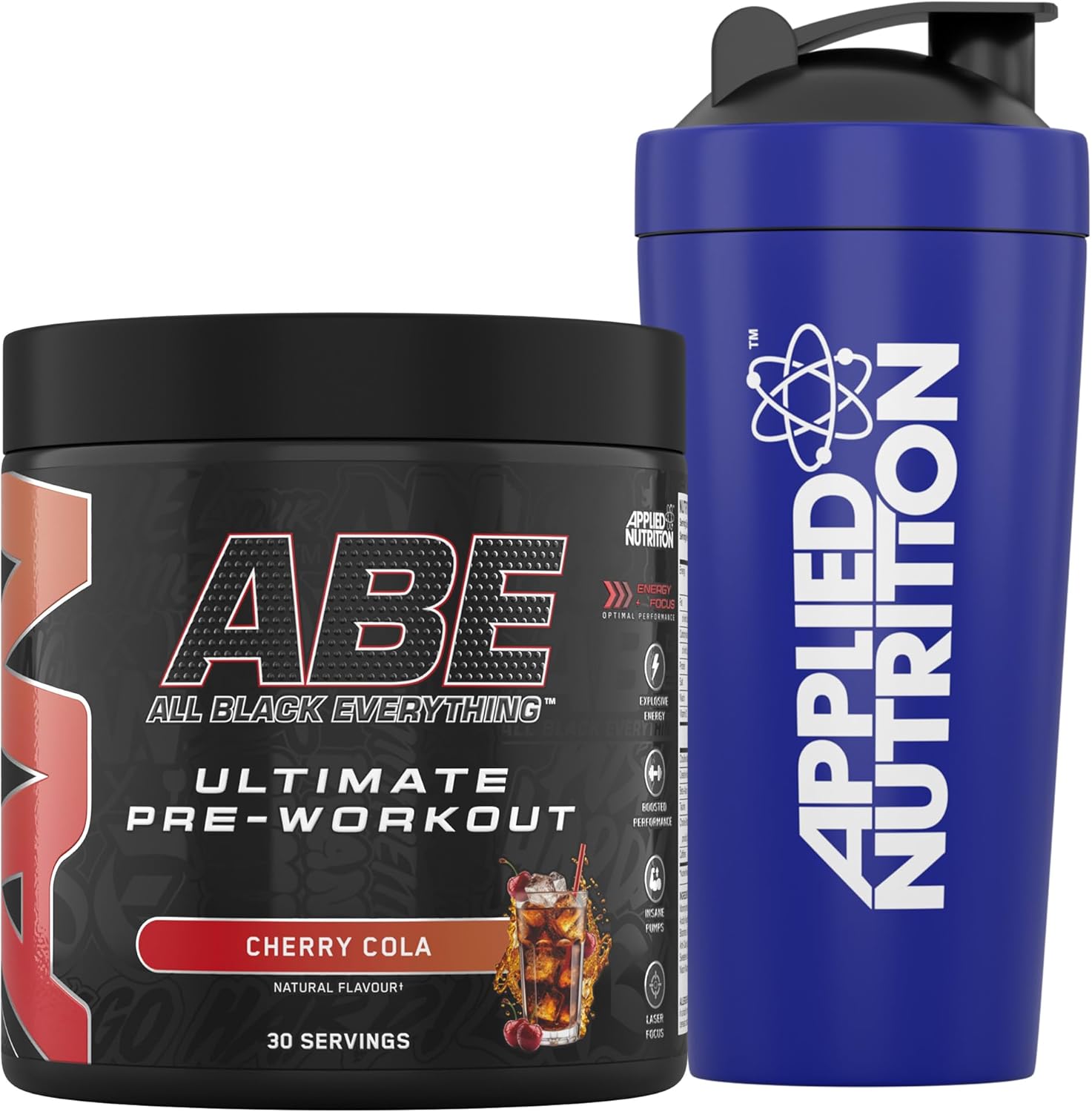 Applied Nutrition Bundle ABE Pre Workout 375g + 750ml Steel Protein Shaker | All Black Everything Pre Workout Powder, Energy & Physical Performance With Creatine, Beta Alanine (Cherry Cola)