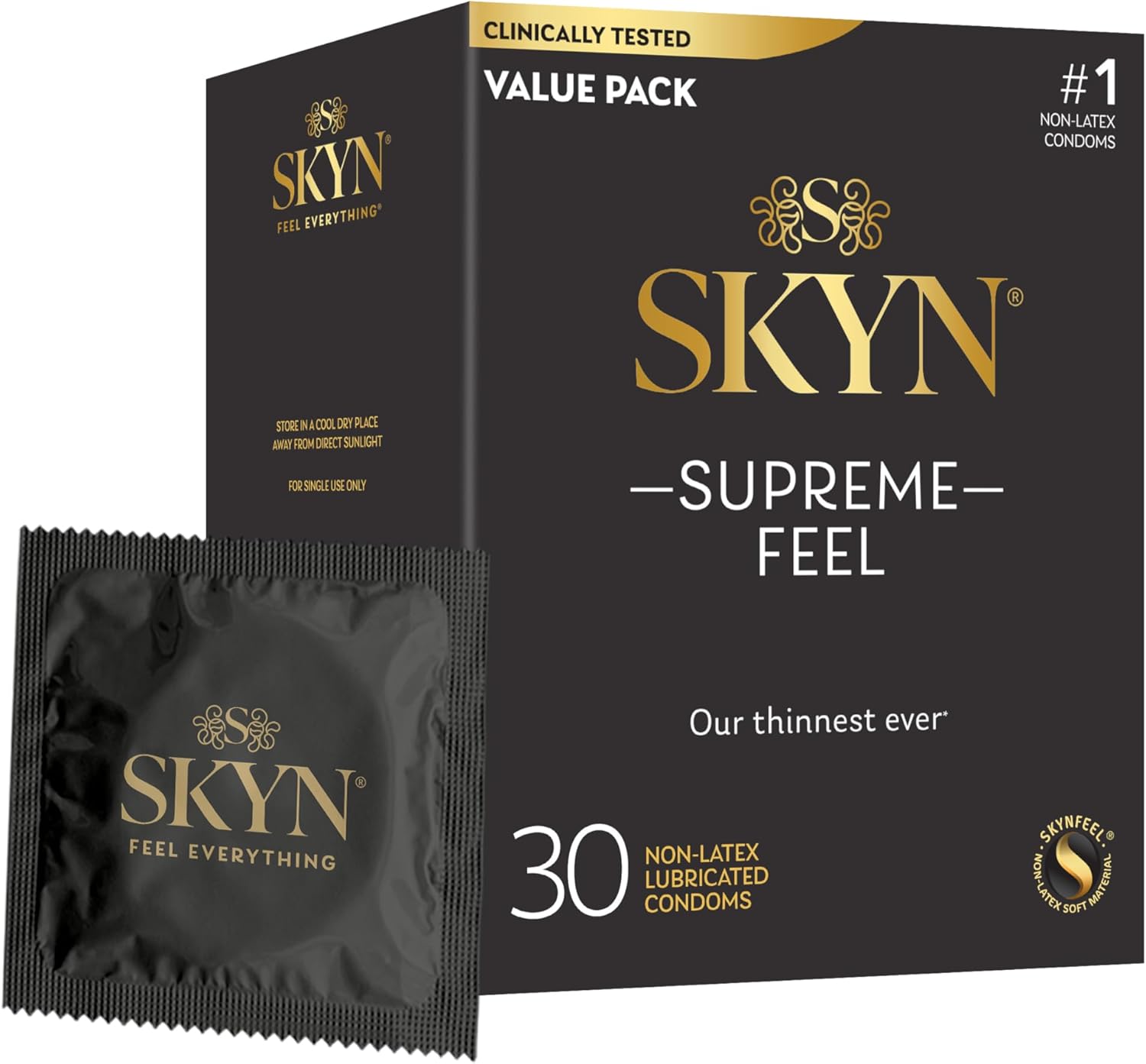 SKYN Supreme Feel Non-Latex Condoms, 30 Count, Ultra-Thin & Pre-Lubricated for a Natural, Smooth Fit