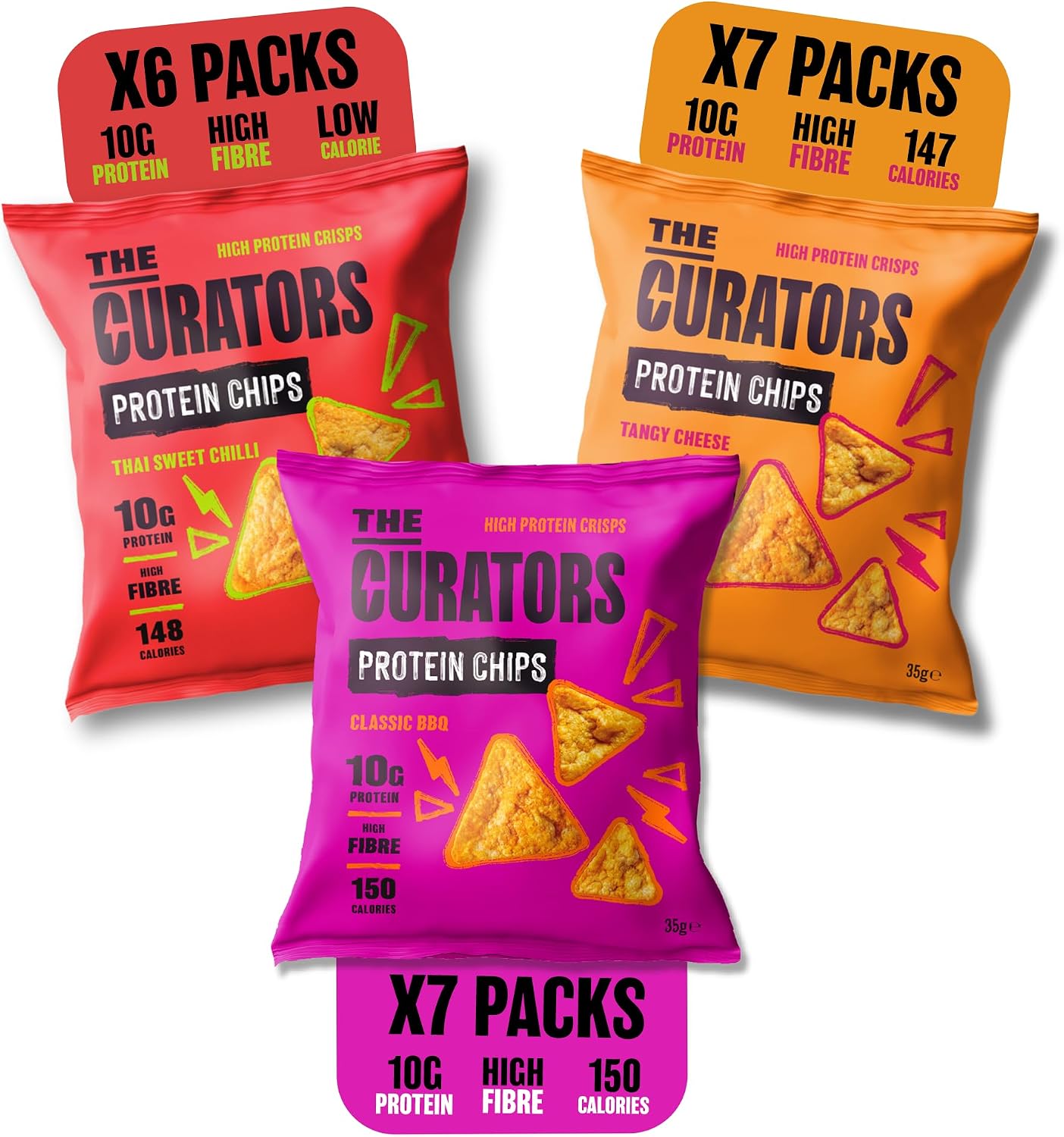 THE CURATORS Protein Chips Mixed Pack, Lentil Crisps, 7x Tangy Cheese, 7x Classic BBQ & 6x Thai Sweet Chilli, 35g (20 Packs), 10g Protein, High Fibre, 147 Calories, Gluten Free, Veggie.