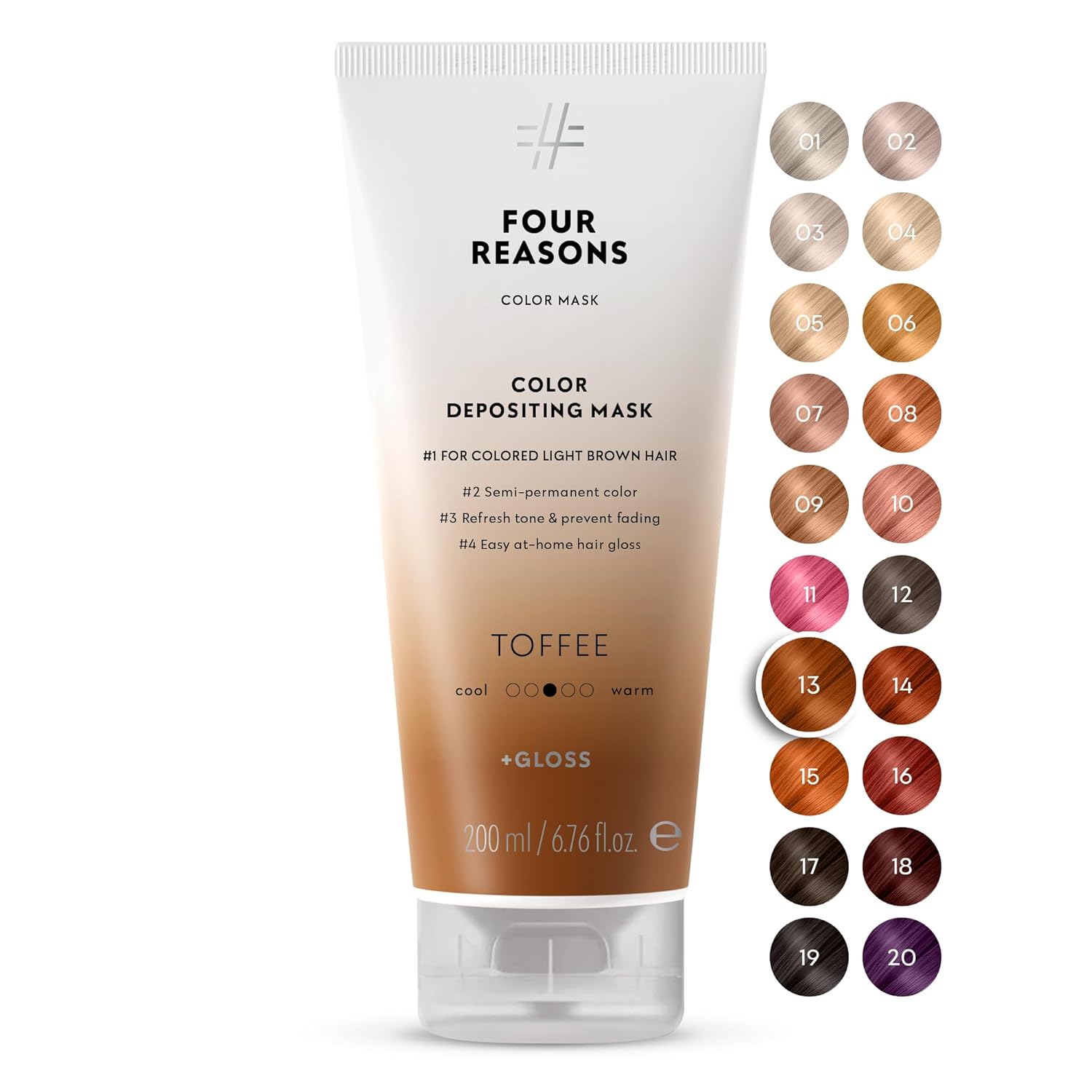 FOUR REASONS Color Mask, Toffee (27 Colors) – Hair Gloss & Color Depositing Conditioner – Semi Permanent Hair Toner for Color-Treated Hair Color For Women – Vegan & Cruelty-Free – 6.76 fl oz