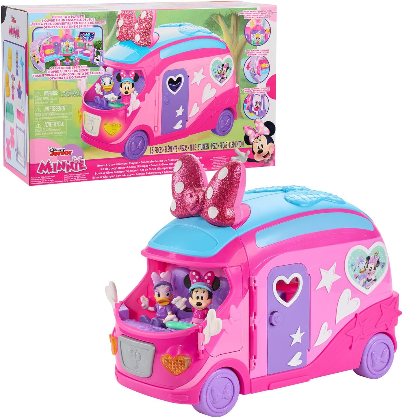 Disney Junior Minnie Mouse Bows-A-Glow Rolling Glamper 13-piece Figures and Playset, Kids Toys for Ages 3 Up, Amazon Exclusive by Just Play