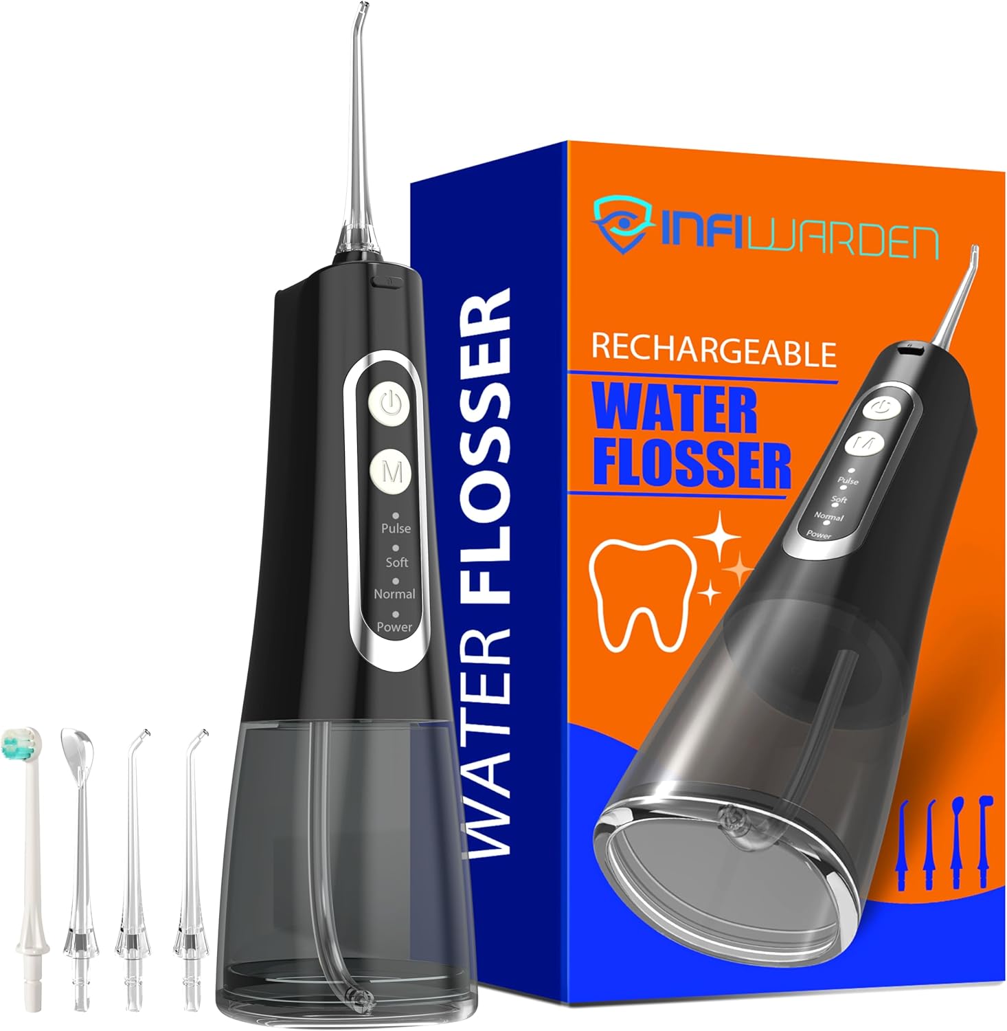 Portable Cordless Water Flosser, Rechargeable Water Dental Flosser with 1500 mAh Battery, IPX7 Waterproof, 4 Modes 4 Jet Tips, Type-C Charging for Travel & Home (Black)
