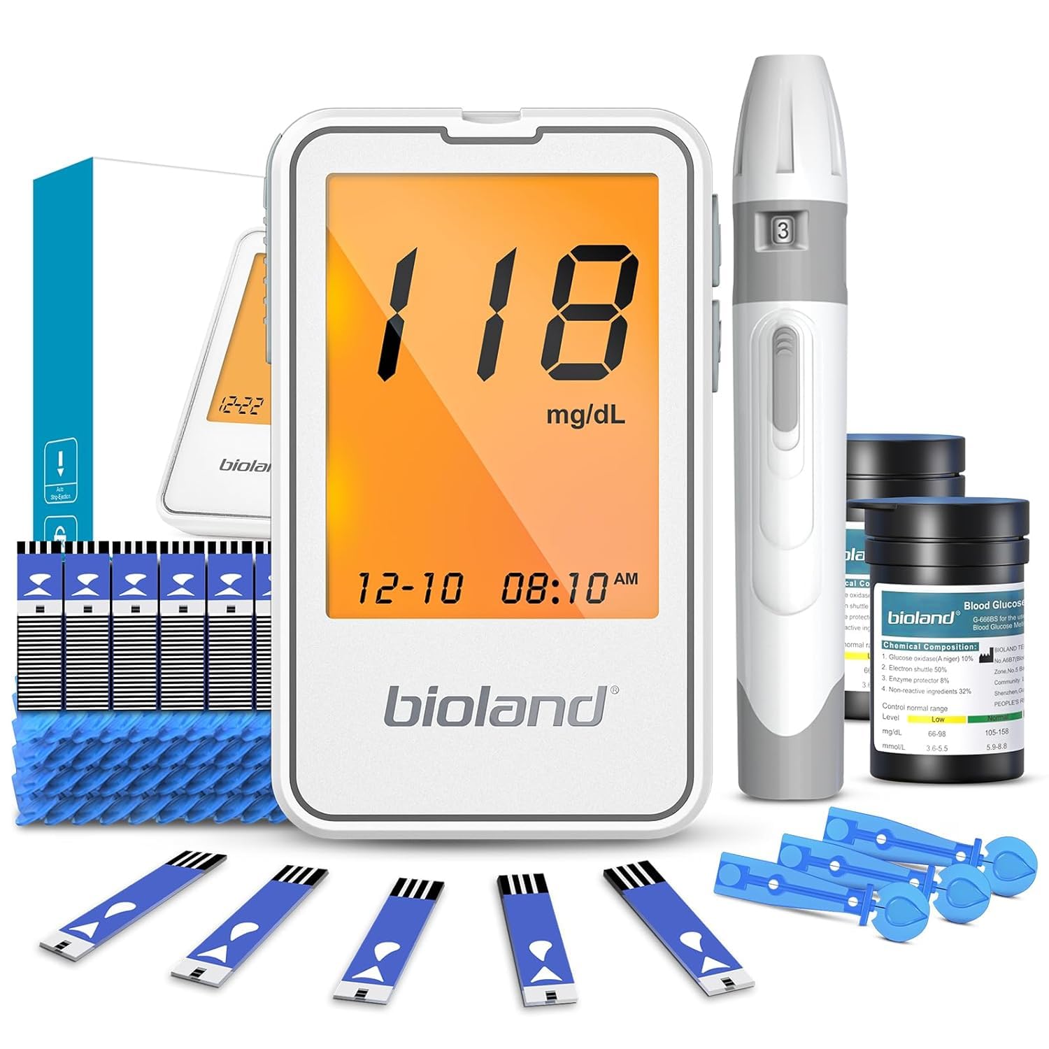 Bioland G-425-2 Blood Glucose Monitor Kit with Large Backlit Display, No Coding Required, Fast 5s Results, 500 Memory, CE & FDA Certified, Complete Diabetes Testing Kit with 50 Test Strips