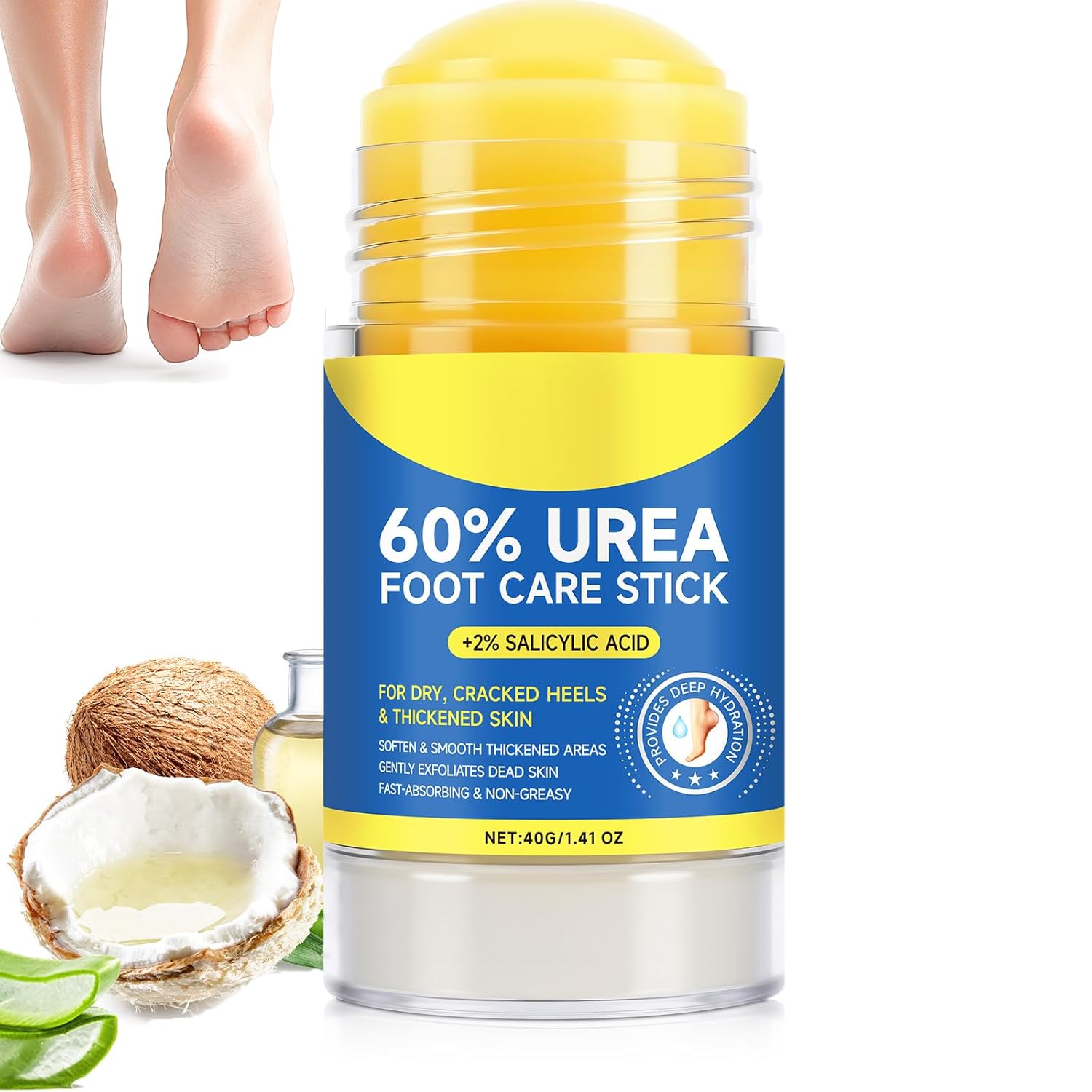 Urea Cream Stick 60% plus Salicylic Acid 2%, Maximum Strength Urea Foot Cream for Dry Cracked Feet, Knees, Elbows, Hands, Exfoliating Dead Skin, Softening Skin Moisturizer Lotion, Skin Care (1PC, 40G)