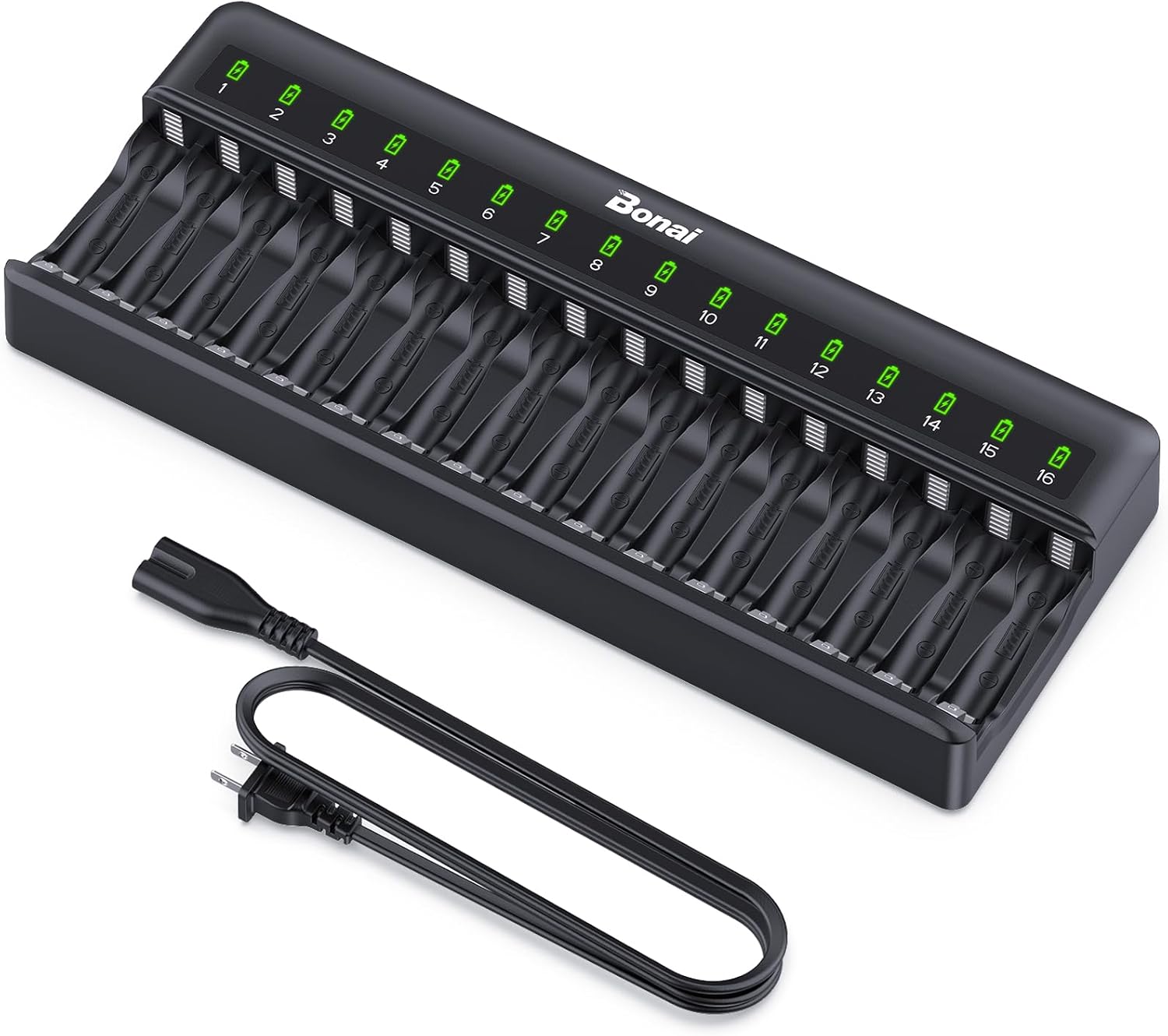 BONAI AA AAA Battery Charger 16 Bay for NiMH NiCD Rechargeable Batteries Independent Control with LED Light and Standard American AC Charging Plug, Battery not Included - Black