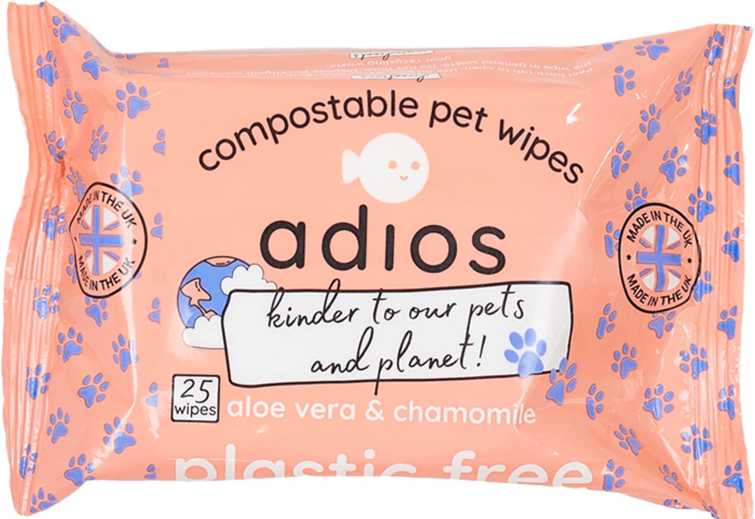 Adios - Compostable Grooming Wipes for Dogs, 100 Count (4x25) - Plant-Based Pet Wipes with Aloe Vera and Chamomile - Hypoallergenic, Plastic-Free, Certified Compostable - Made in the UK