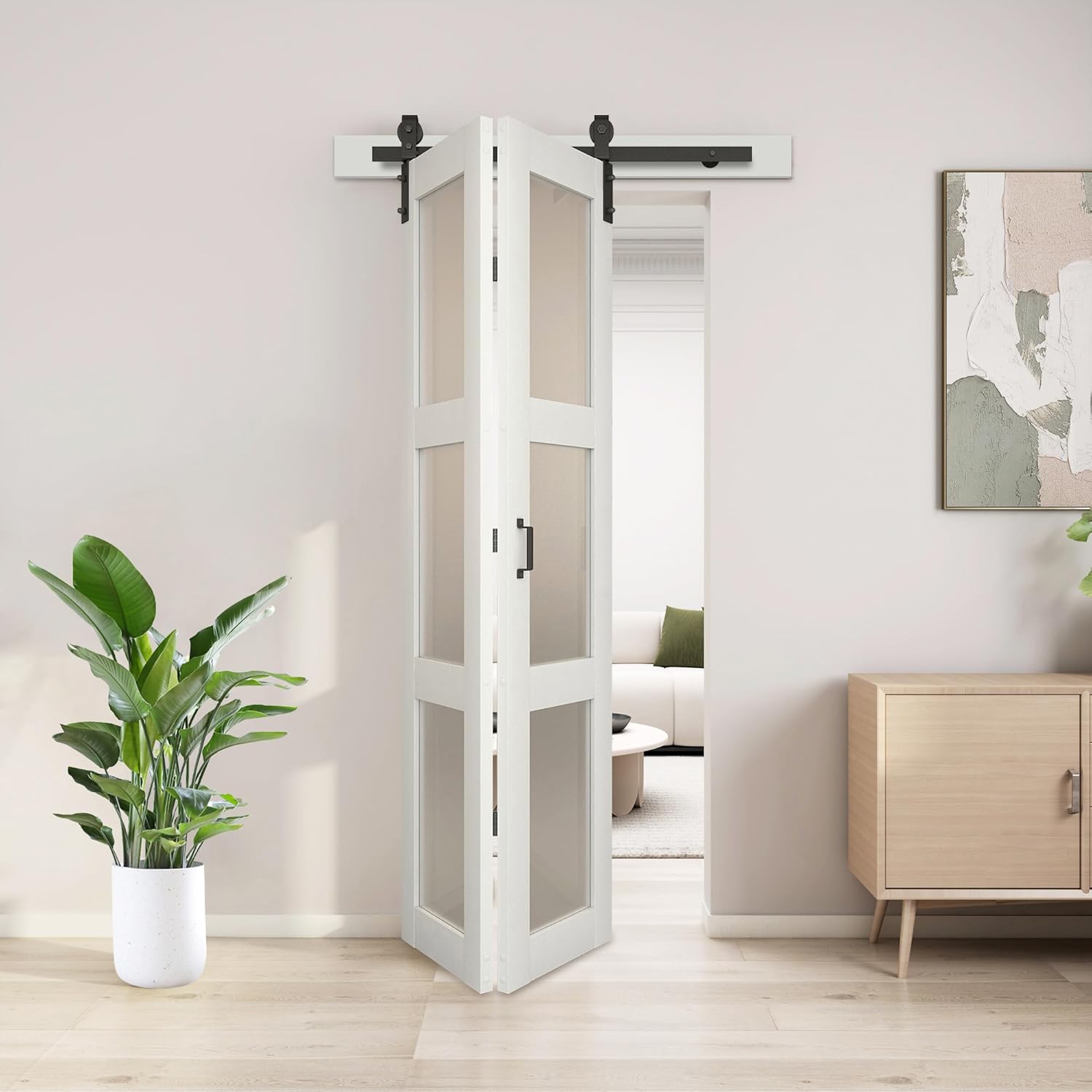 JUBEST Bifold Sliding Barn Door, 30" x 84" Bi fold Barn Door Hardware Kit & Handles Include, 3-Panel Glass Barn Doors Slab, Folding Doors with 34" Track Kit, Solid Wood, MDF & PVC Covered, White