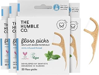 The Humble Co. Floss Picks (200 Count) – Plant Based Dental Floss Picks for Superior Oral Care, Dental Hygiene, and Gum Health, Cruelty Free Tooth Floss Picks (Mint, Double Thread)
