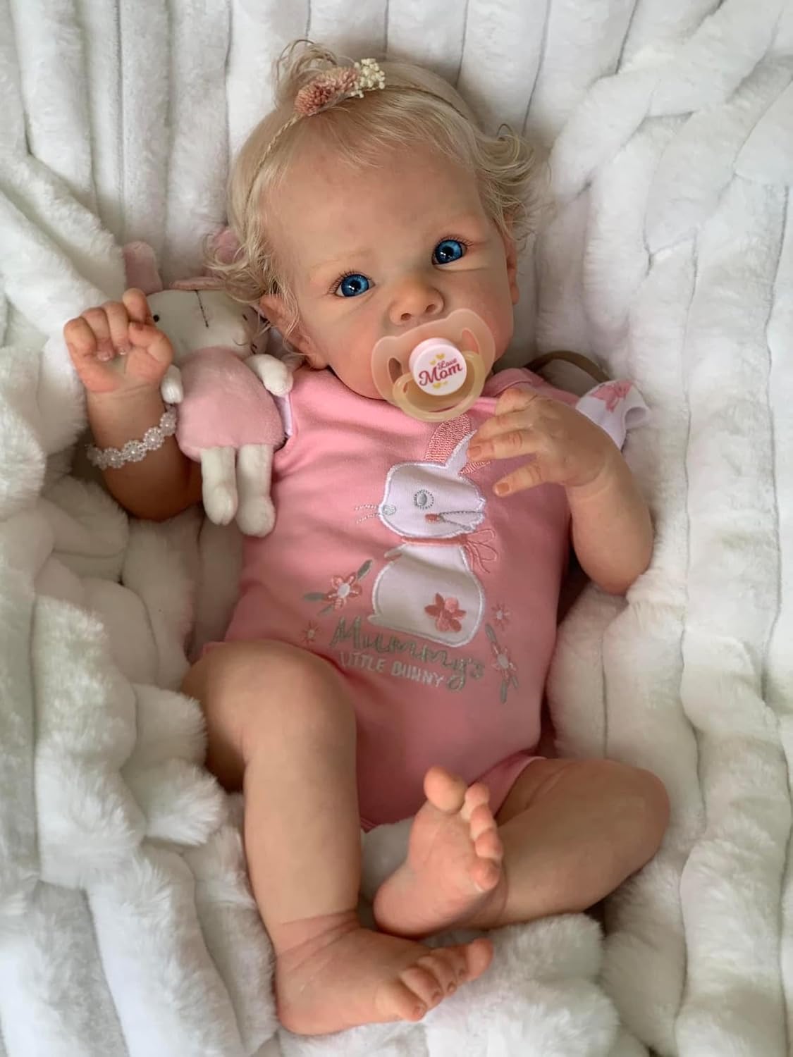 JIZHI Reborn Girl - 17 Inch Blue Eyes Realistic Baby Dolls Soft Cloth Body with Hand Rooted Hair - Vinyl Head, Limbs Newborn Babies Doll with Accessories (Bunny doll not included)