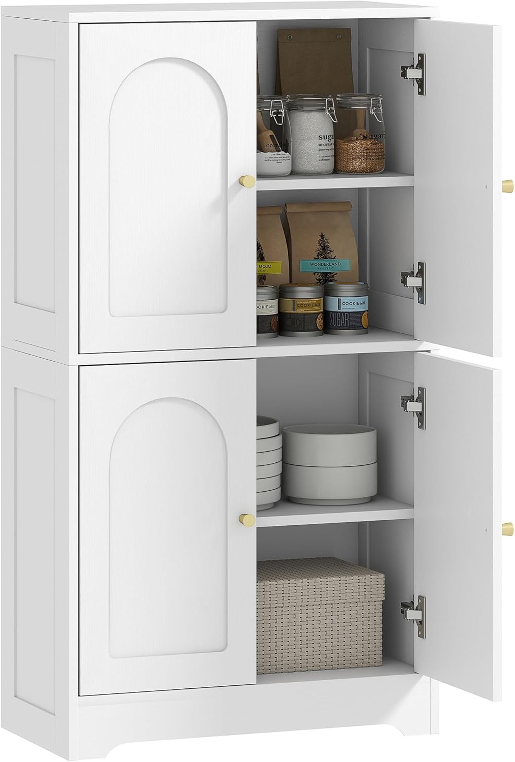 HOMCOM 110cm Kitchen Cupboard, Freestanding Kitchen Storage Cabinet with 4 Arched Doors and 2 Adjustable Shelves, Modern Pantry Cupboard for Dining Room, White