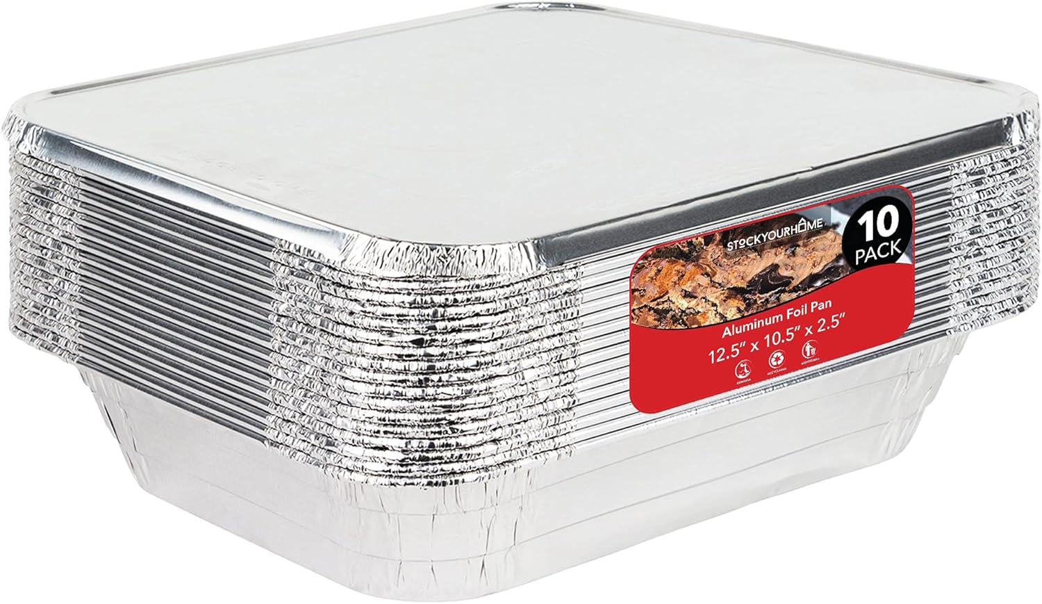 Stock Your Home 10 Pack 9x13 Pans with Lids - Aluminum Pans With Lids - Disposable Tray - Steam Table Deep Half Size Pans - For Cooking, Food Storage, BBQ, Grilling, Catering