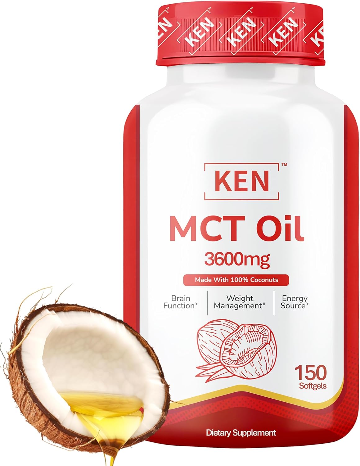 KEN Premium MCT Oil Supplement, 3600mg Softgel, Keto Supplements for Ketosis from Pure Coconut Oil, Brain Fuel and Metabolic Support, Non-GMO, 150 Softgels