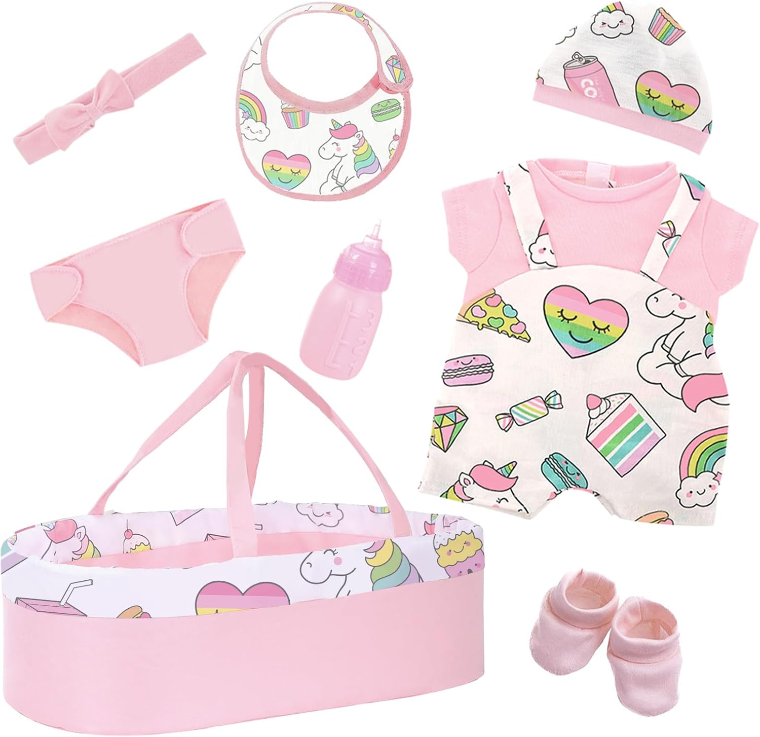 K.T. Fancy 8 Pcs Creamy Pink Baby Doll Bassinet & Accessories fit 14-18 Inch Doll, Baby Doll Clothes Outfit and Bassinet with Unicorn and Rainbow Pattern