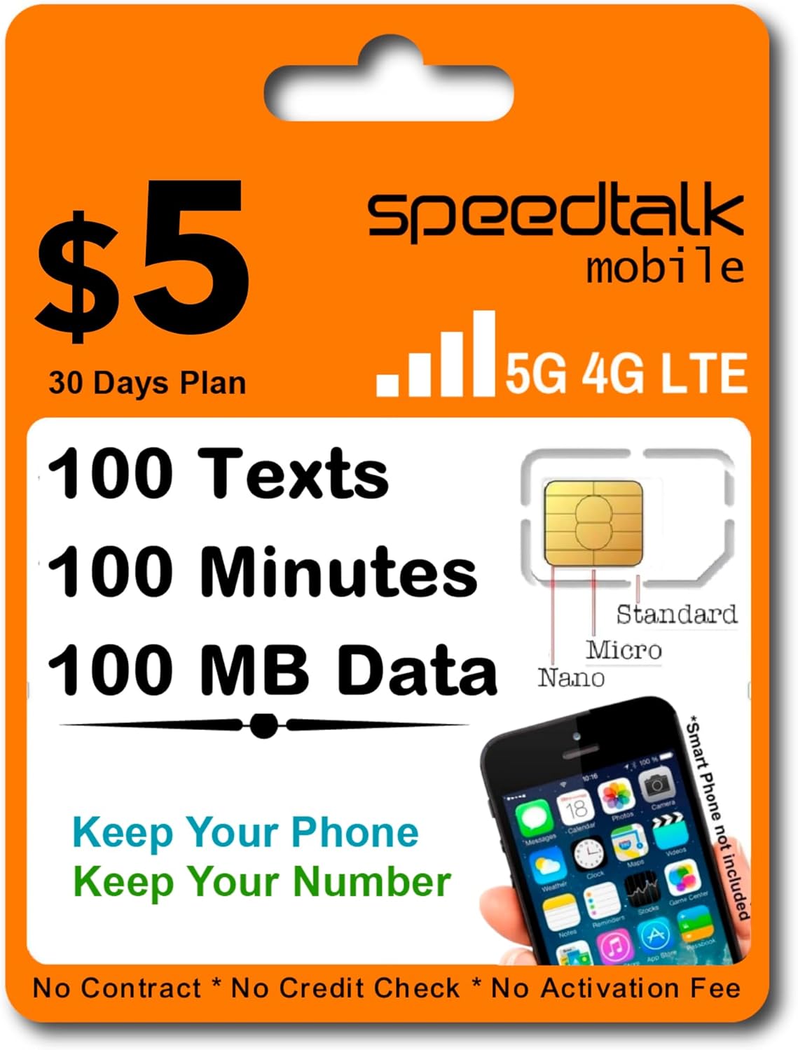 SpeedTalk Mobile Prepaid SIM Card Kit for Smart Phones & Cellphones | $5 Monthly Plan - 5G 4G LTE Data | 3-in-1 SIM Card Standard Micro Nano Size | USA Coverage Bring Your Own Phone