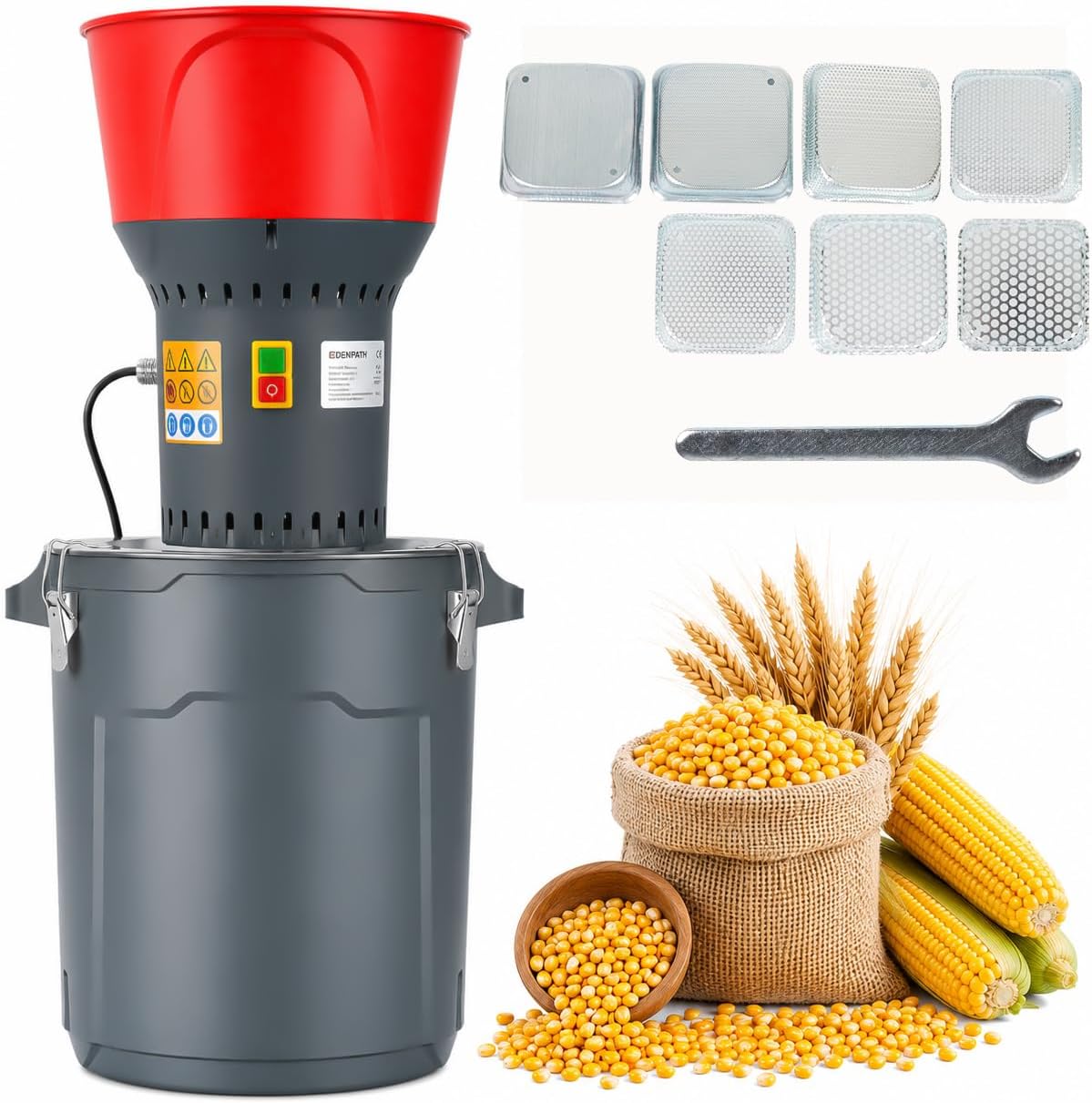 6.6 Gallon Electric Corn Grinder Mill for Chicken Feed, Grain Mill Grinder with 7 Sieves, Heavy Duty Feed Grinder for Corn, Wheat, Rice, Flour, Livestock Feed, Farm & Homestead Use-Red