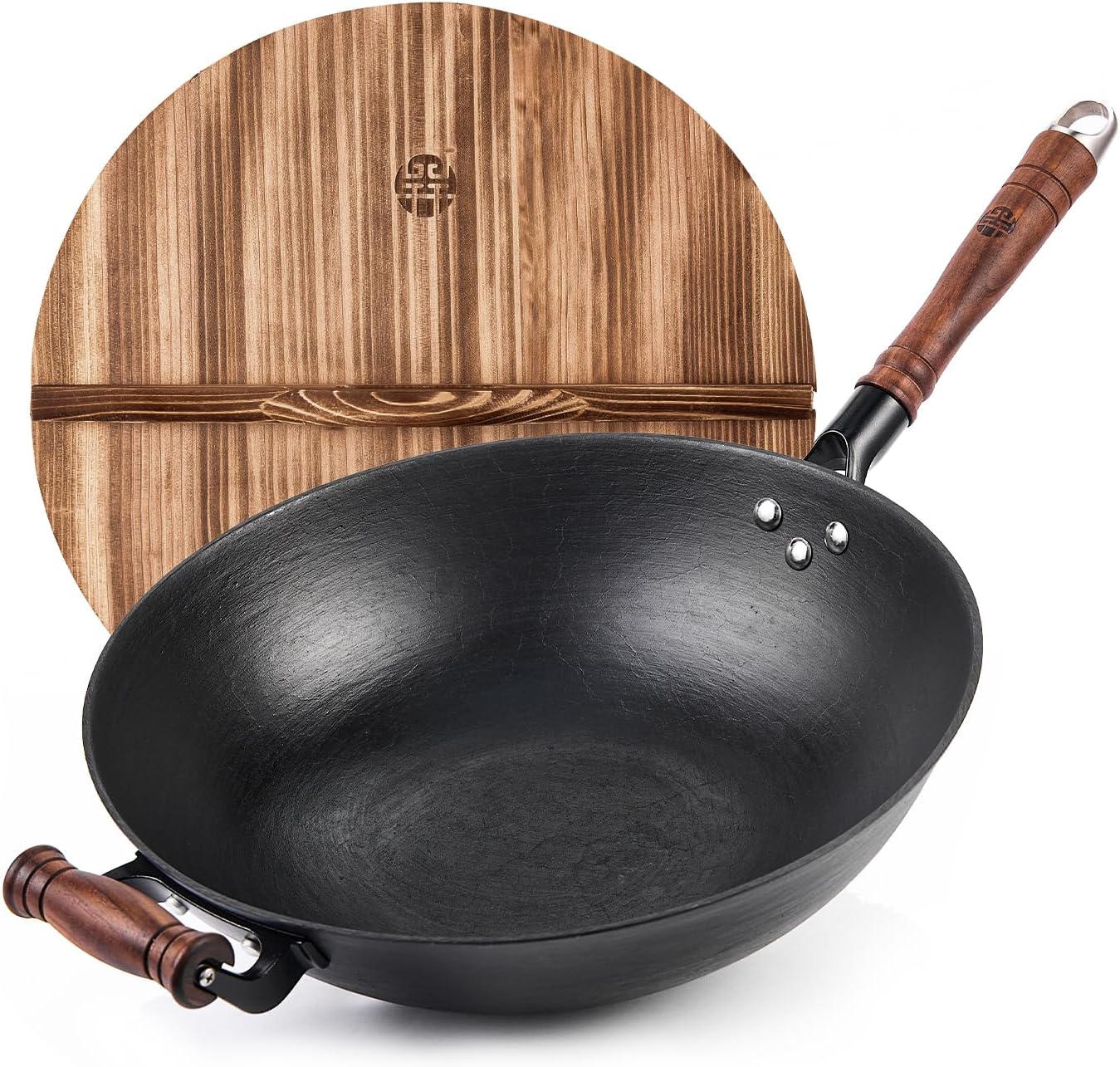 WANGYUANJI Cast Iron Wok Pan 12 inch Flat Bottom with Wooden Handle and Lid, Large Wok Stir Fry Pan Suitable for All Cooktops, Chinese wok with Free Dishcloth and Brush