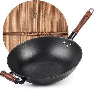 WANGYUANJI Cast Iron Wok Pan 12 inch Flat Bottom with Wooden Handle and Lid, Large Wok Stir Fry Pan Suitable for All Cooktops, Chinese wok with Free Dishcloth and Brush